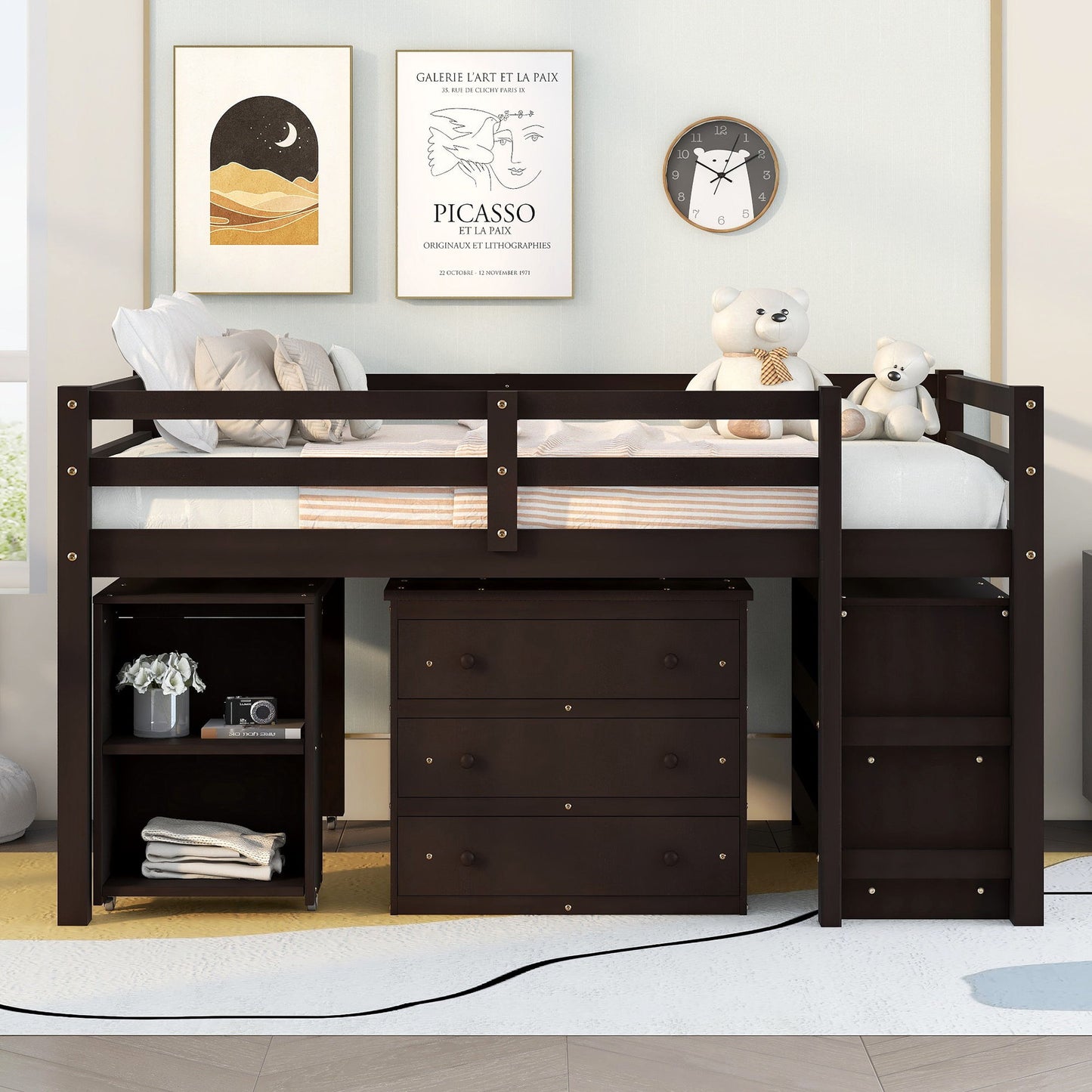 Loft Low Study Bed With Cabinet, Shelves And Rolling Portable Desk, Multiple Functions - The Sleep Loft - Online Mattress Showroom NYC