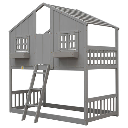 House Bunk Bed With Roof, Window, Window Box, Door, With Safety Guardrails And Ladder - The Sleep Loft - Online Mattress Showroom NYC