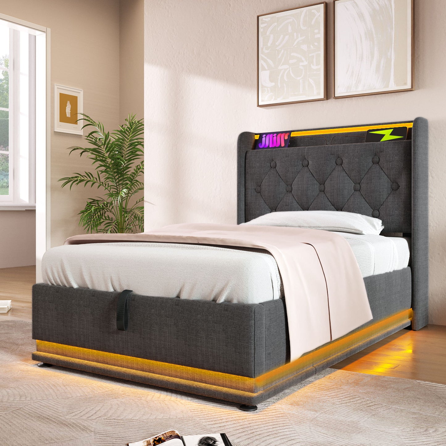 Upholstered Bed, 360 Surround LED Function, Remote Control, Hydraulic Storage Bed With USB, Type-C Charging (Without Mattress) - The Sleep Loft - Online Mattress Showroom NYC