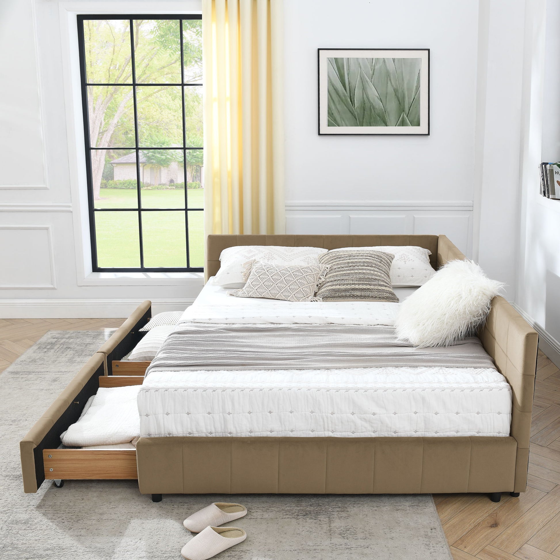 Mid-Century Storage Upholstered Tufted Bed Frame With Backrest And Armrests - The Sleep Loft - Online Mattress Showroom NYC