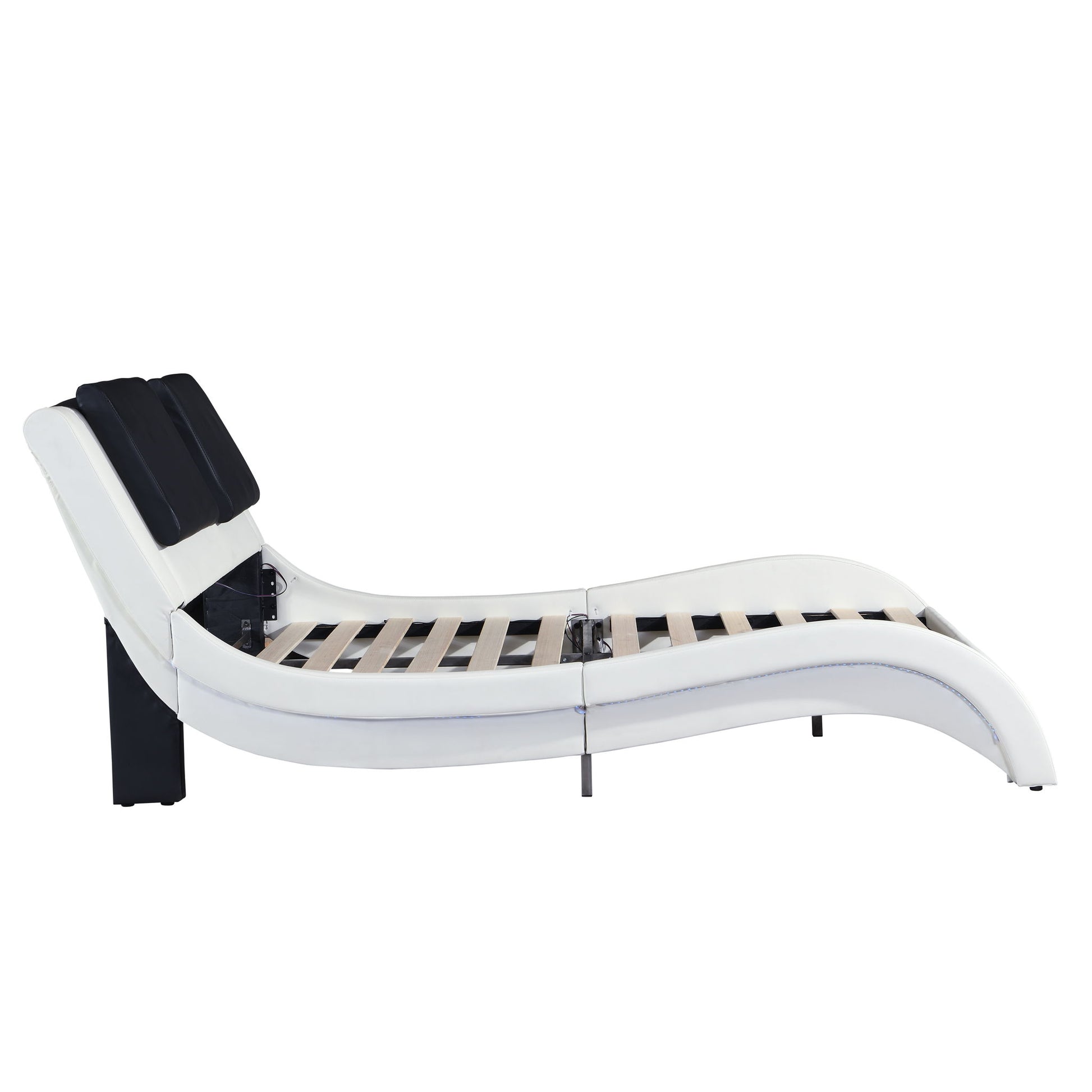 Upholstered Platform Bed Frame With LED Lighting, Bluetooth Connection To Play Music Control, Backrest Vibration Massage, Curve Design, Wood Slat Support, Exhibited Speakers - The Sleep Loft - Online Mattress Showroom NYC