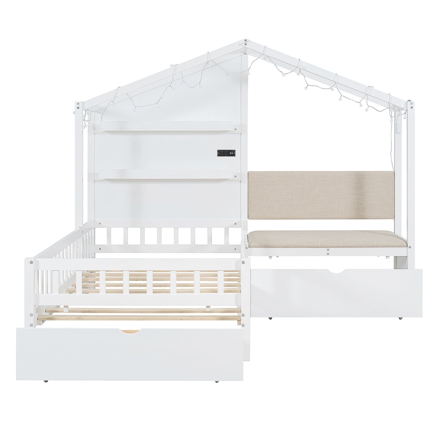 House Bed With Upholstered Sofa, Wireless Charging Station, Shelves And 2 Drawers - The Sleep Loft - Online Mattress Showroom NYC