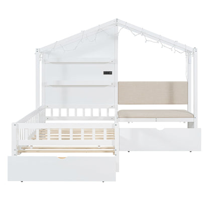 House Bed With Upholstered Sofa, Wireless Charging Station, Shelves And 2 Drawers - The Sleep Loft - Online Mattress Showroom NYC