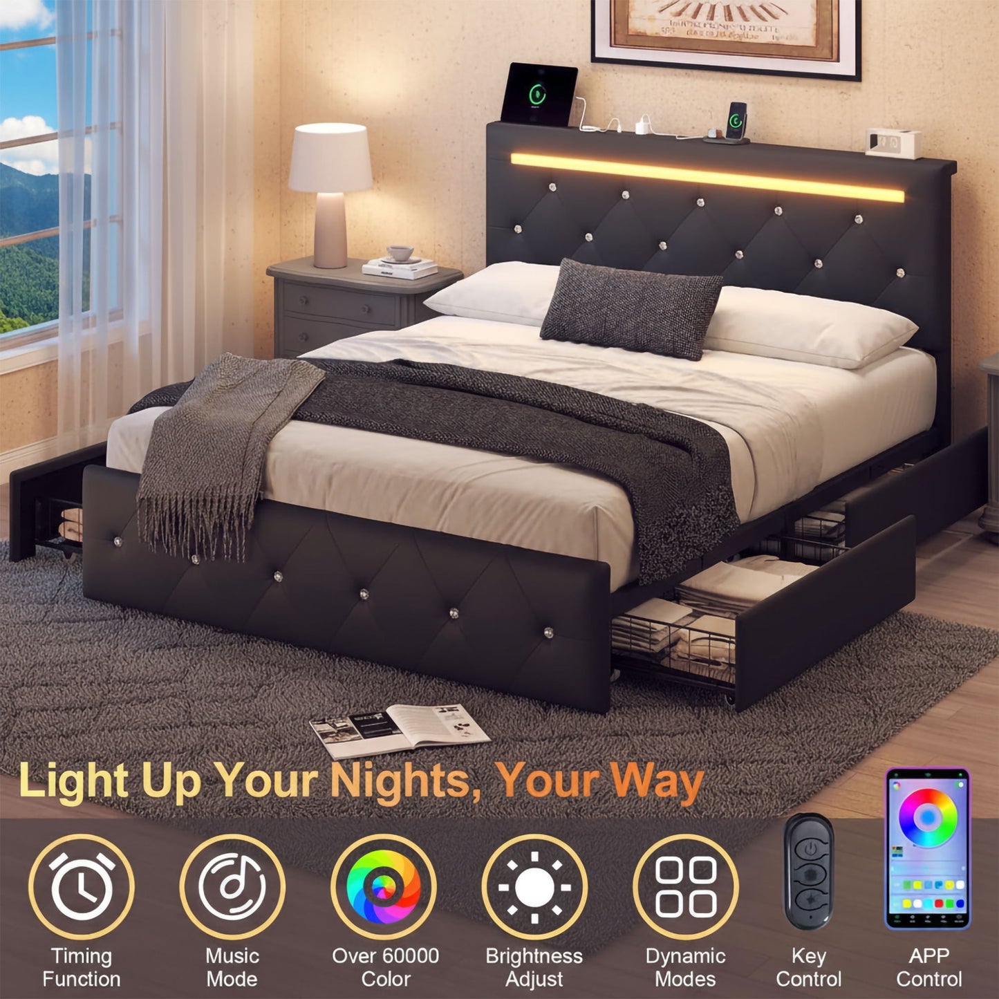 Upholstered Bed Frame With LED Lights, 4 Storage Drawers, Charging Station - The Sleep Loft - Online Mattress Showroom NYC