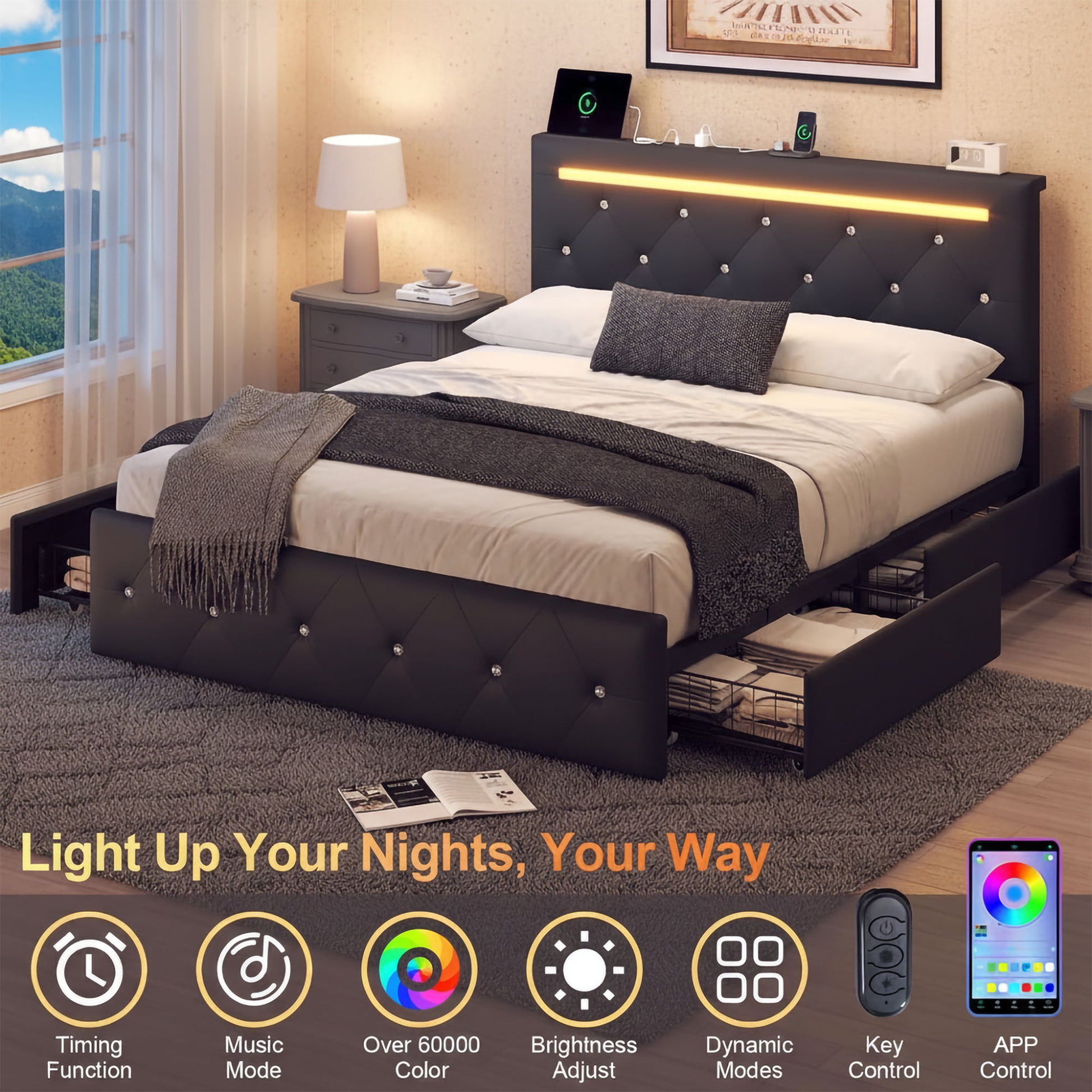 Upholstered Bed Frame With LED Lights, 4 Storage Drawers, Charging Station - The Sleep Loft - Online Mattress Showroom NYC