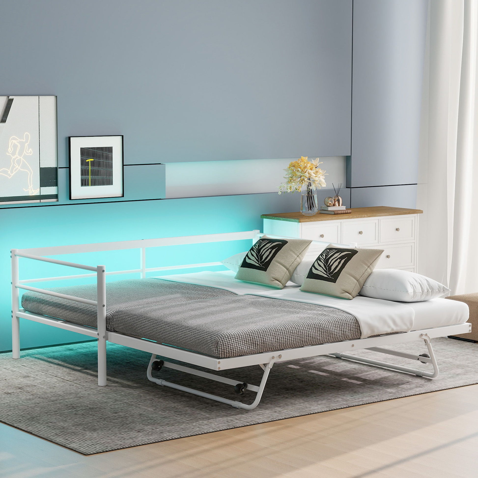 Industrial Metal Daybed With Adjustable Pop Up Trundle And LED Strip - The Sleep Loft - Online Mattress Showroom NYC