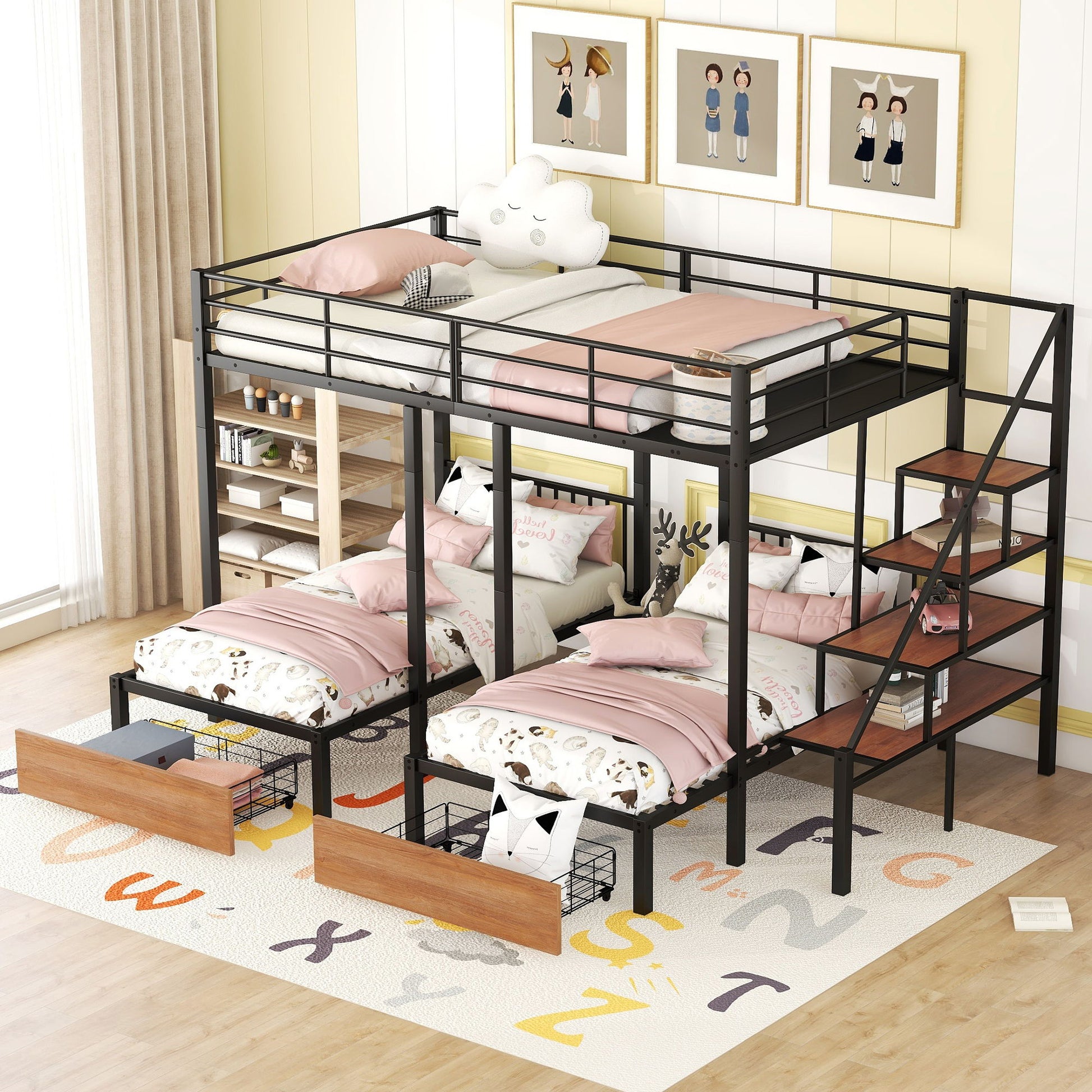 Full Over Twin-Twin Triple Bunk Bed With Drawers And Staircase - Black - The Sleep Loft - Online Mattress Showroom NYC