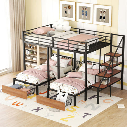 Full Over Twin-Twin Triple Bunk Bed With Drawers And Staircase - Black - The Sleep Loft - Online Mattress Showroom NYC