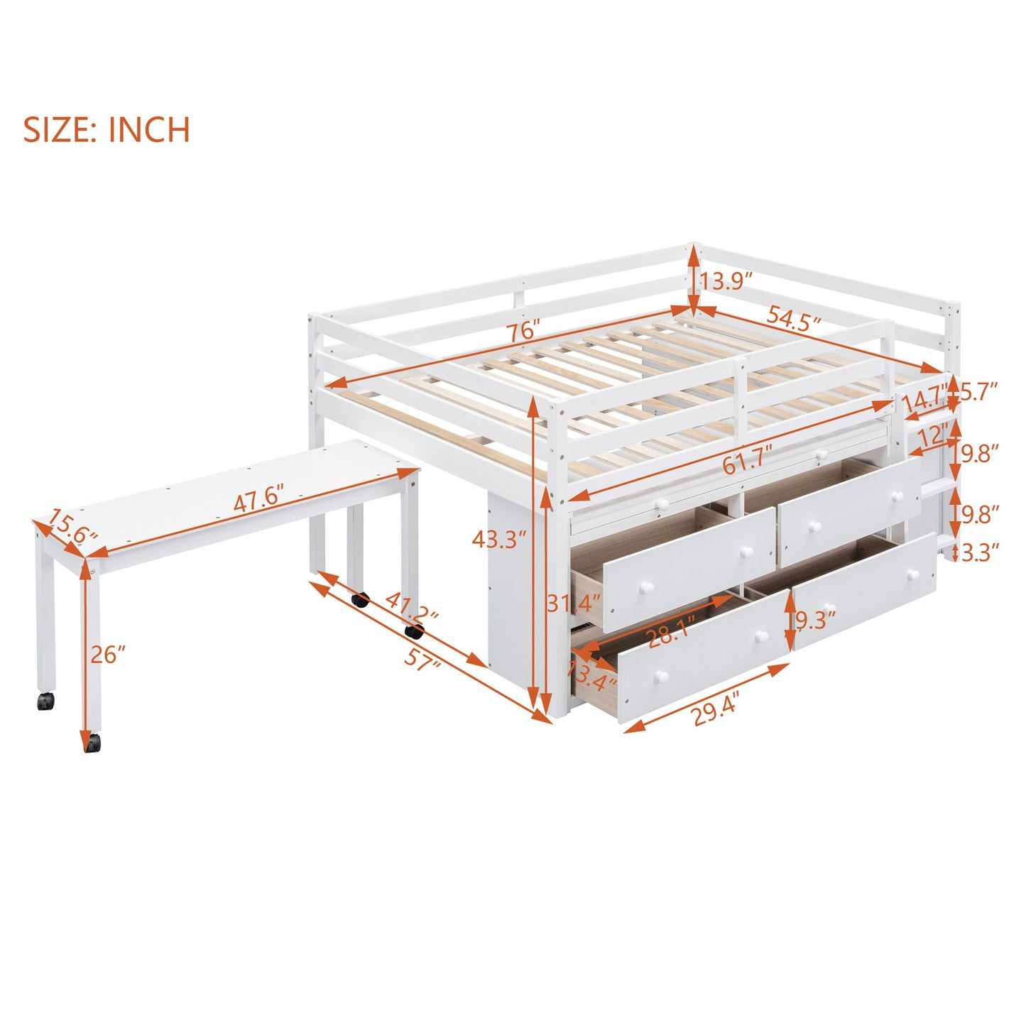 Loft Bed With Retractable Writing Desk And 4 Drawers, With Lateral Portable Desk And Shelves - The Sleep Loft - Online Mattress Showroom NYC