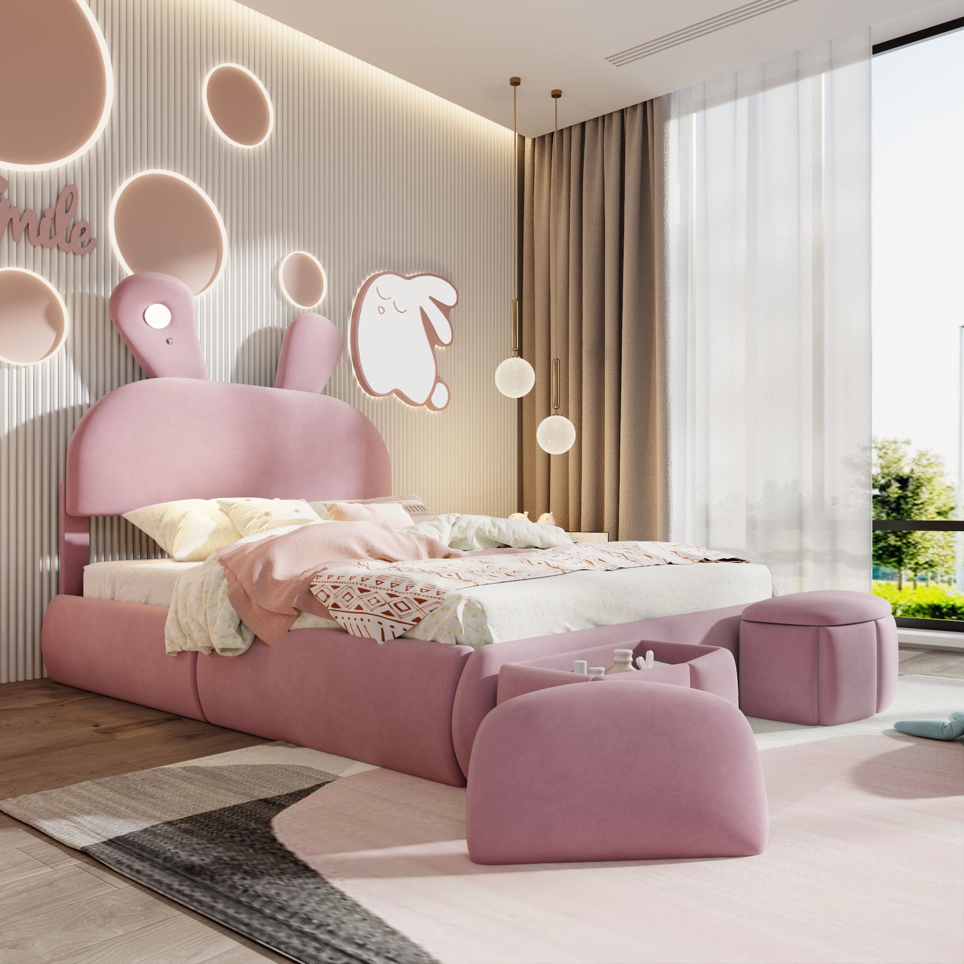Full Upholstered Platform Bed With Cartoon Ears Headboard And LED Light - Pink - The Sleep Loft - Online Mattress Showroom NYC