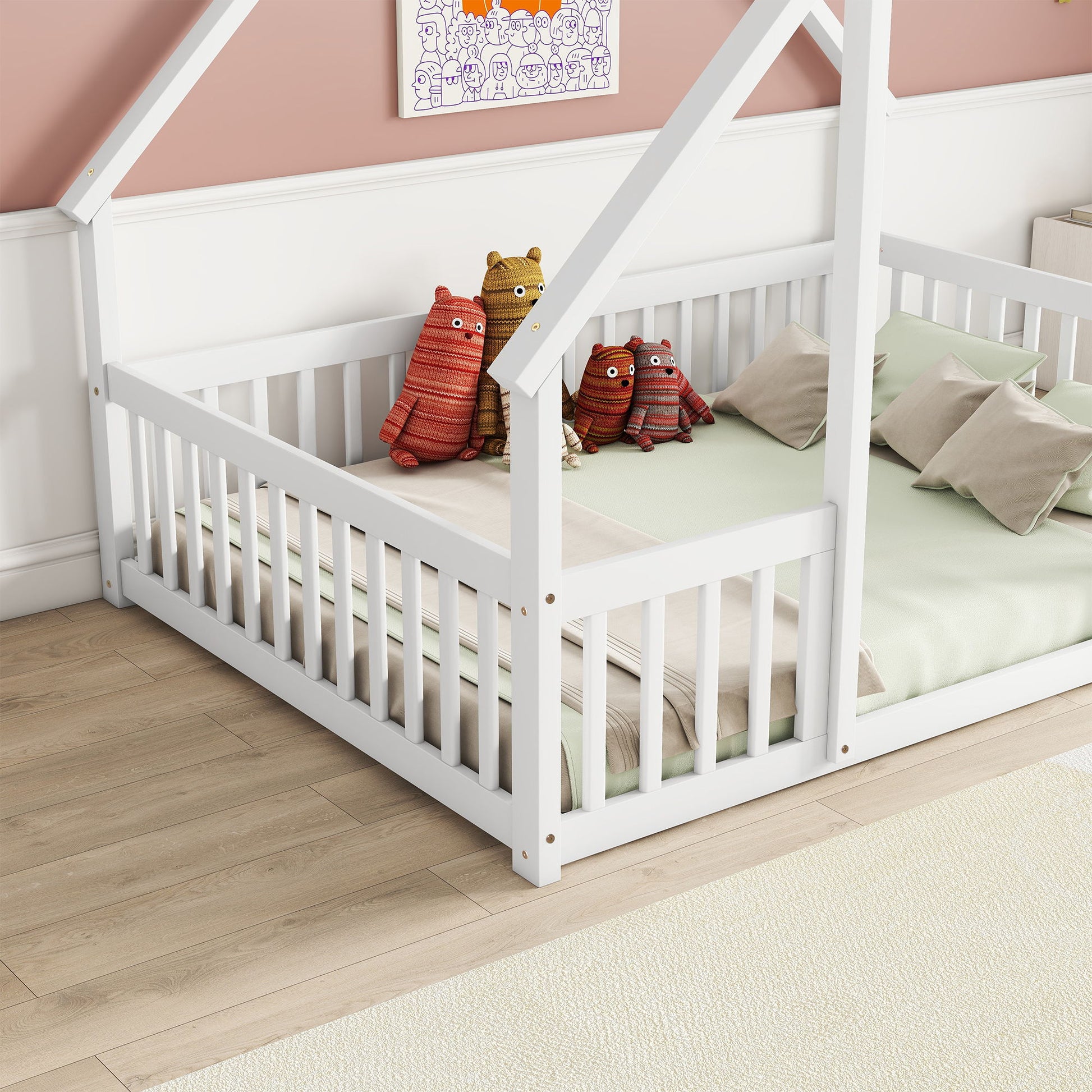 Wood House-Shaped Floor Bed With Fence, Guardrails - The Sleep Loft - Online Mattress Showroom NYC
