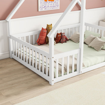 Wood House-Shaped Floor Bed With Fence, Guardrails - The Sleep Loft - Online Mattress Showroom NYC