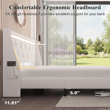 Wingback Upholstered Bed Frame With LED Lights, Charging Station - The Sleep Loft - Online Mattress Showroom NYC