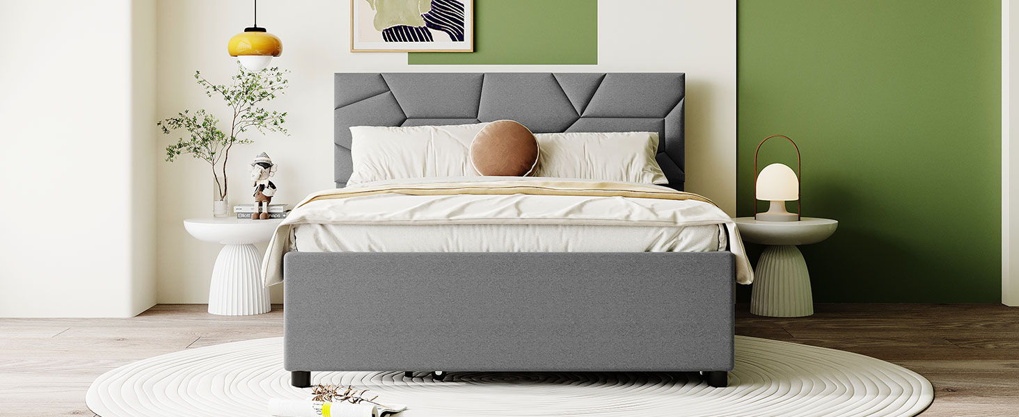 Upholstered Platform Bed With Brick Pattern Headboard And Twin Long Size Trundle - The Sleep Loft - Online Mattress Showroom NYC