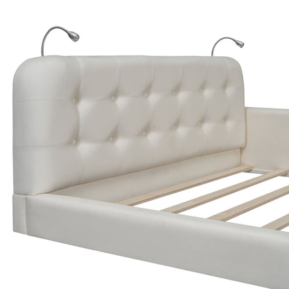 Queen Size Upholstered Platform Bed With 2 Reading Lights - White - The Sleep Loft - Online Mattress Showroom NYC