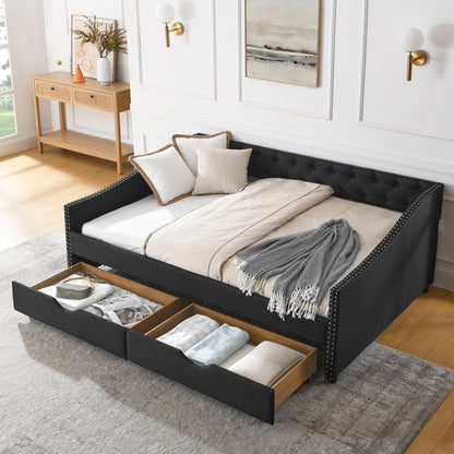 Upholstered Tufted Daybed With 2 Drawers, Waved Arms - The Sleep Loft - Online Mattress Showroom NYC