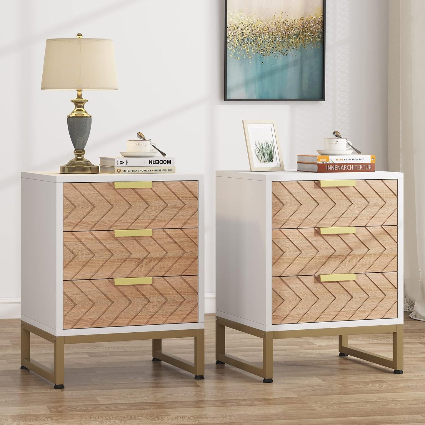 Nightstands With 3 Drawers, Zig Zag Design (Set of 2) - White / Oak