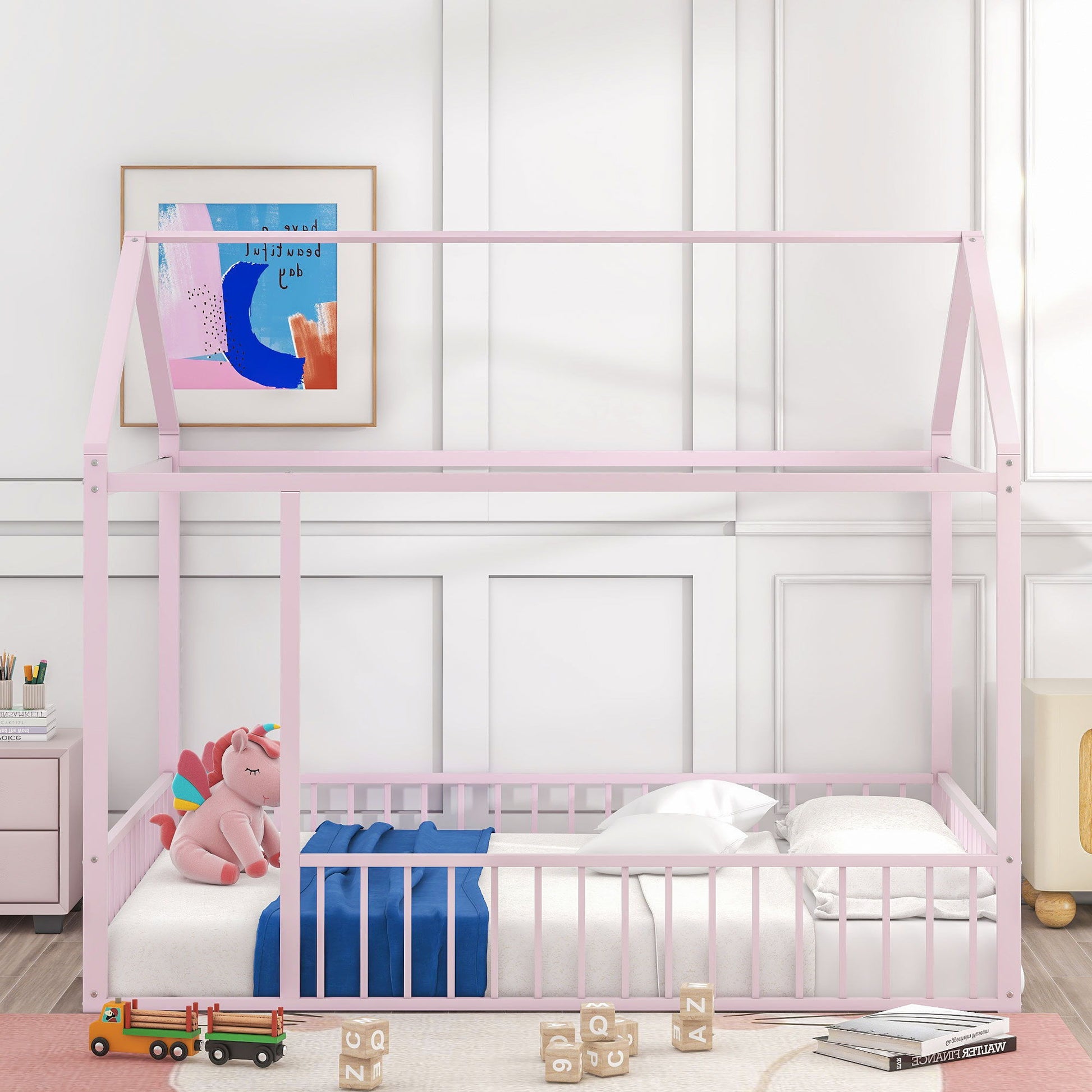 Metal Bed House Bed Frame With Fence - The Sleep Loft - Online Mattress Showroom NYC