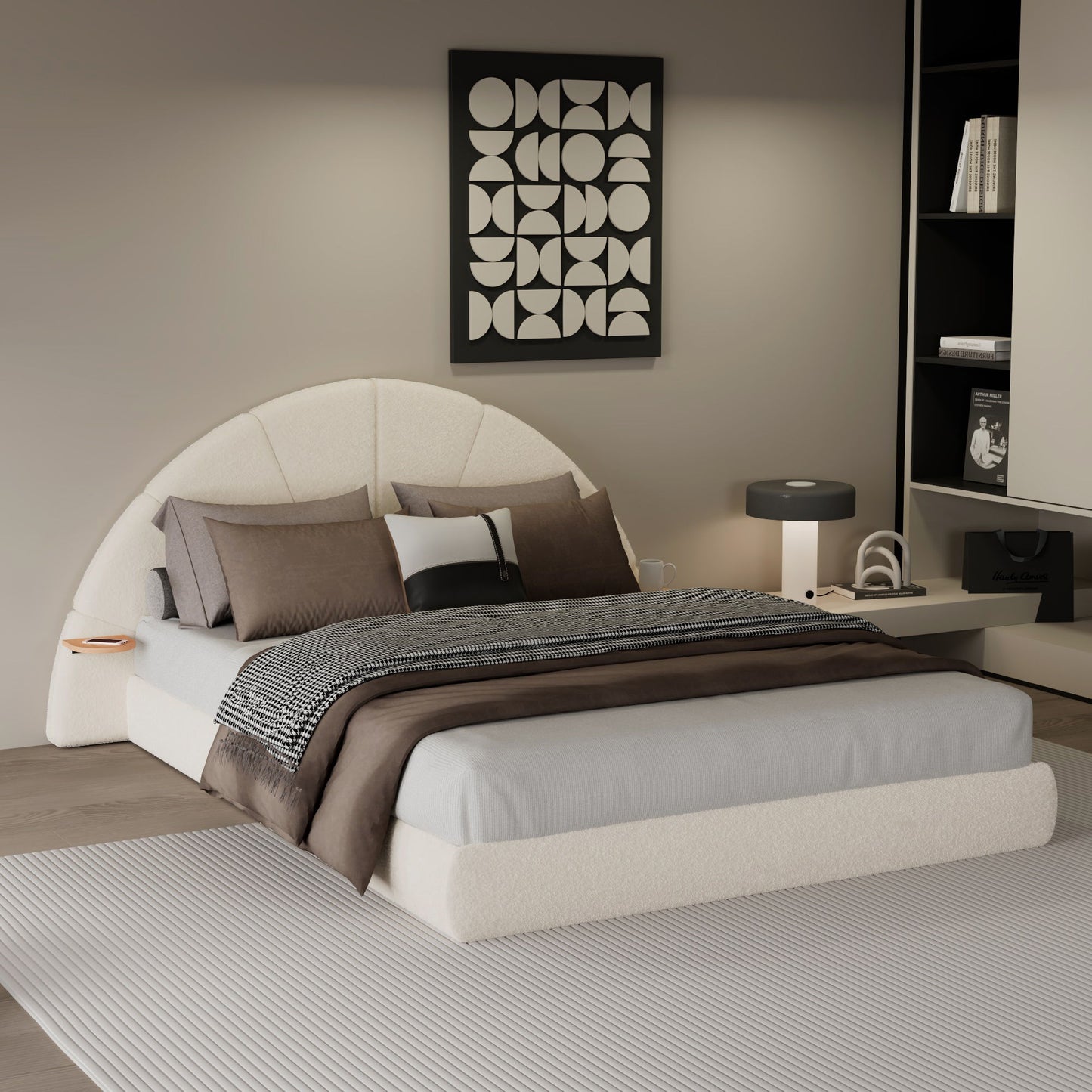 Queen Arched Bed With Small Table, Floor Standing Design - Beige - The Sleep Loft - Online Mattress Showroom NYC