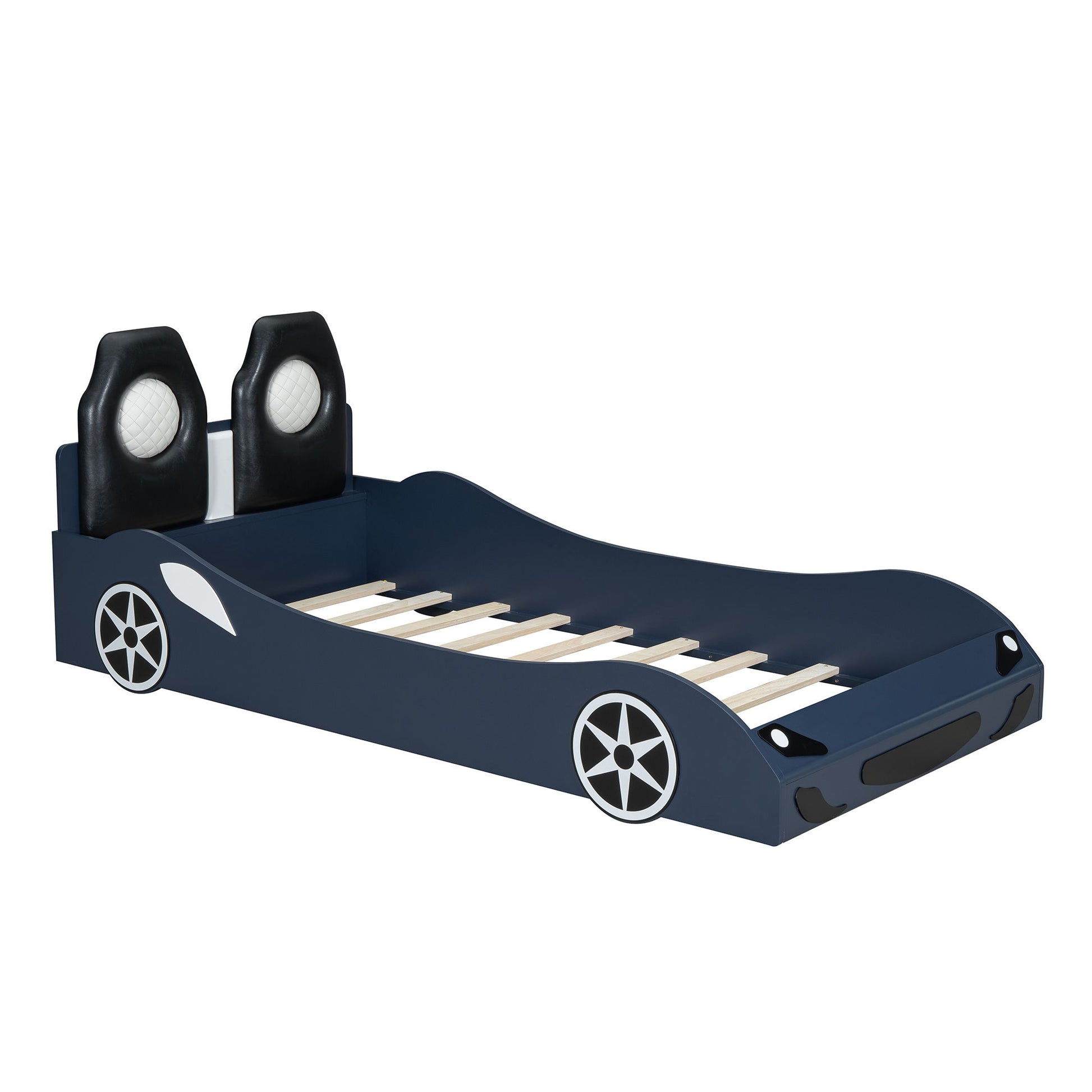 Race Car Shaped Platform Bed With LED And Upholstered Backrest In - The Sleep Loft - Online Mattress Showroom NYC
