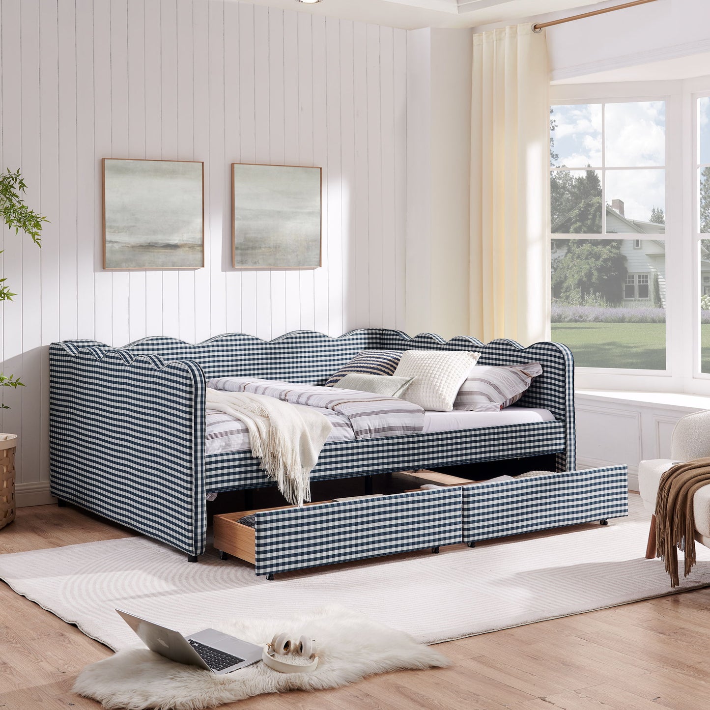 Gingham Daybed With USB Charging Port, Wave-Shaped Design - The Sleep Loft - Online Mattress Showroom NYC