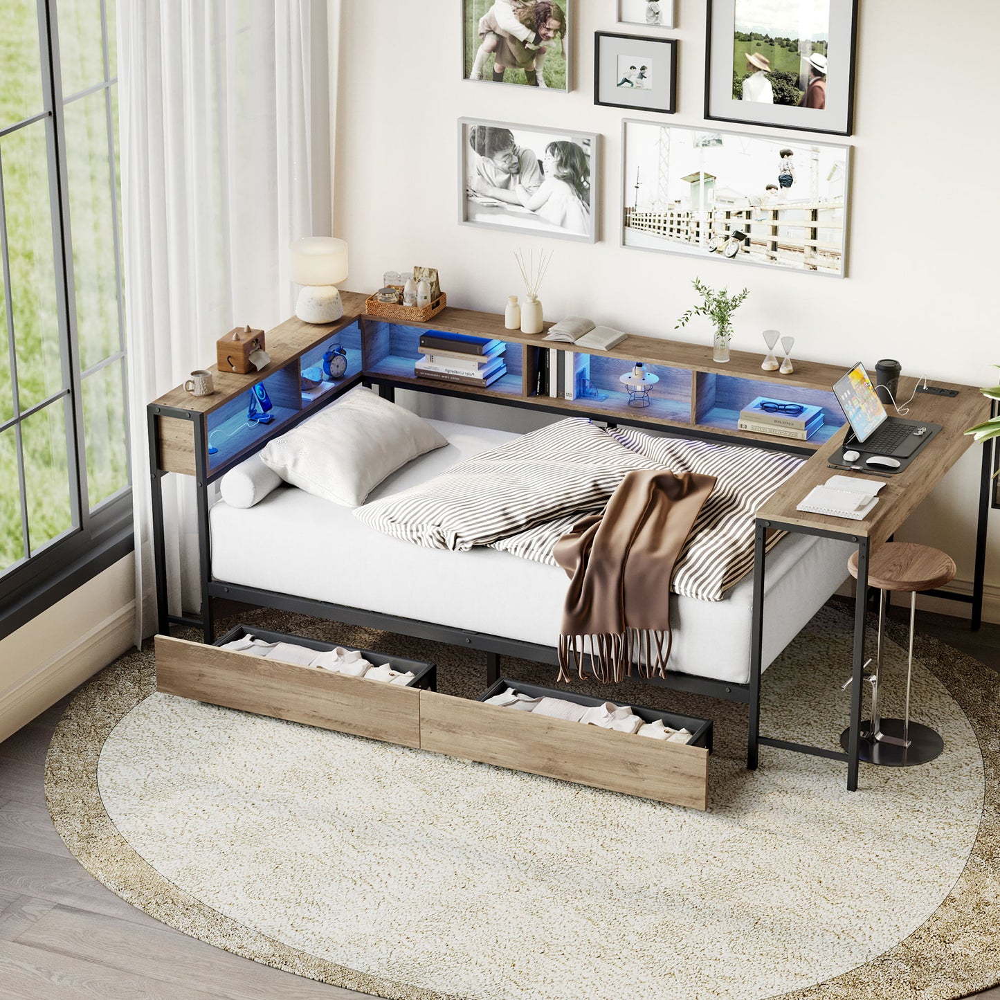 Corner Bed Frame Twin Size With Bookcase And 2 Underbed Storage Drawers, Modern Twin Bed With LED Light And Charging Station, Modern Daybed Reversible Left Or Right - Gray - The Sleep Loft - Online Mattress Showroom NYC