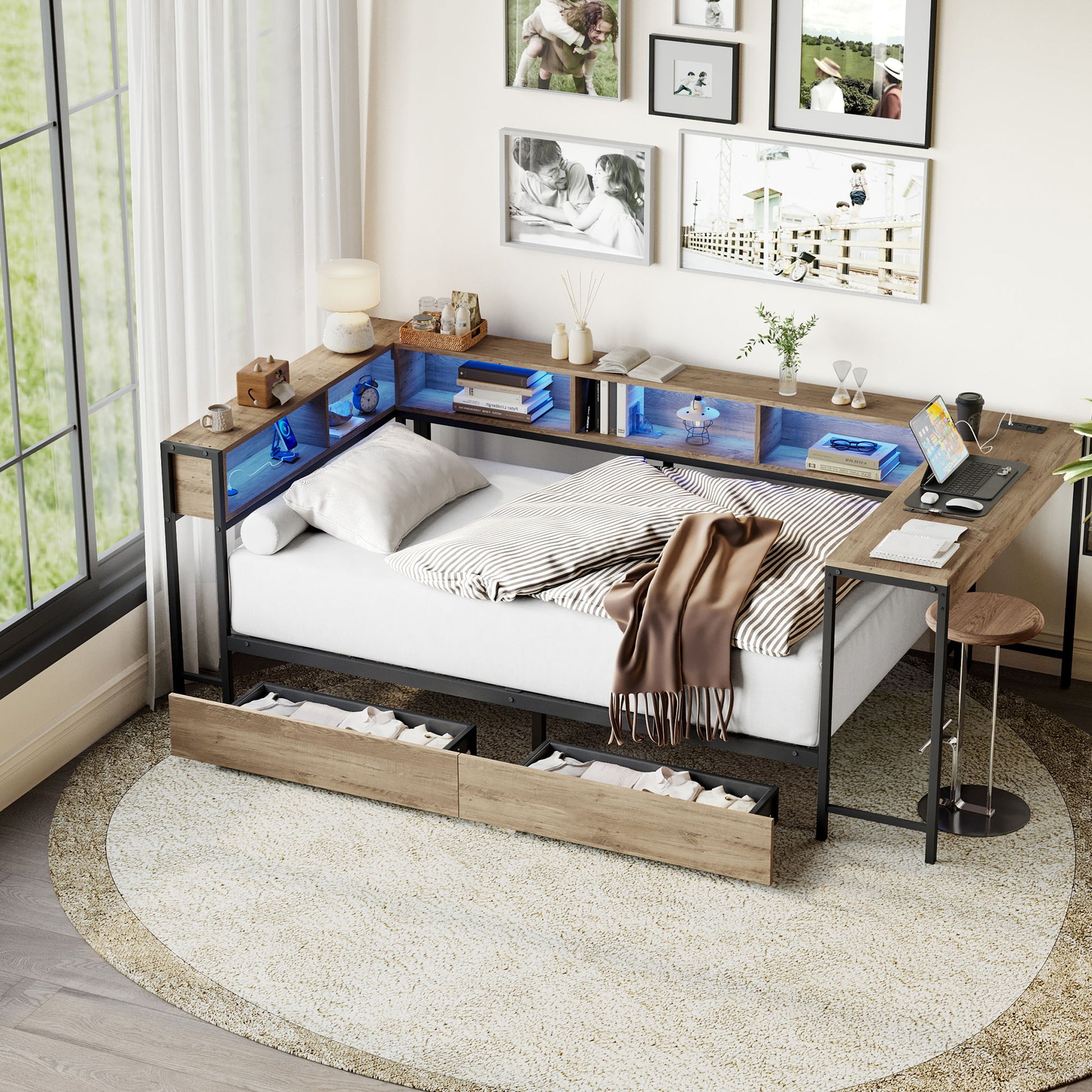 Corner Bed Frame Twin Size With Bookcase And 2 Underbed Storage Drawers, Modern Twin Bed With LED Light And Charging Station, Modern Daybed Reversible Left Or Right - Gray - The Sleep Loft - Online Mattress Showroom NYC