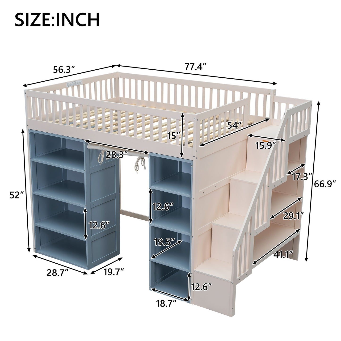Full Size Loft Bed With 2 Four Layer Storage Cabinets And Curtain With Built In Staircase And Privacy Curtain - White - The Sleep Loft - Online Mattress Showroom NYC