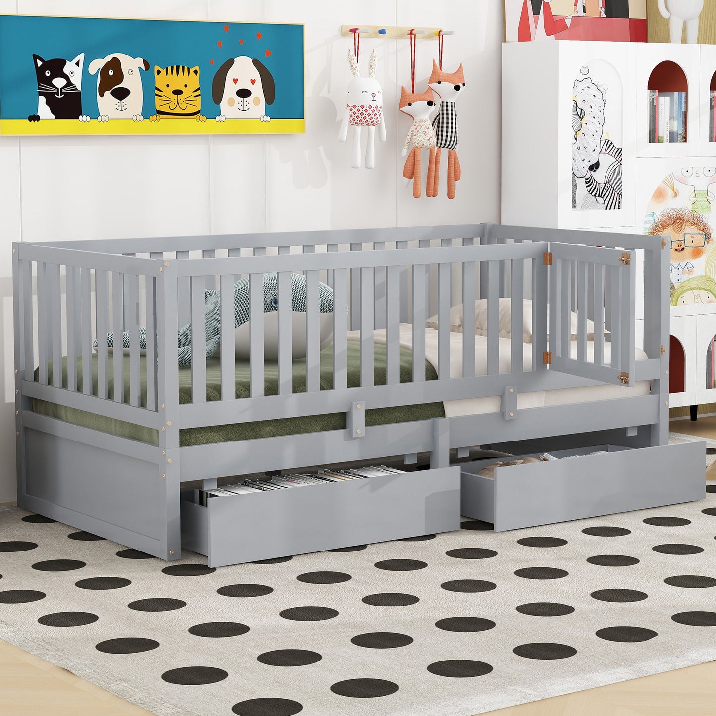 Daybed With Fence Guardrails And 2 Drawers, Split Into Independent Floor Bed & Daybed - The Sleep Loft - Online Mattress Showroom NYC