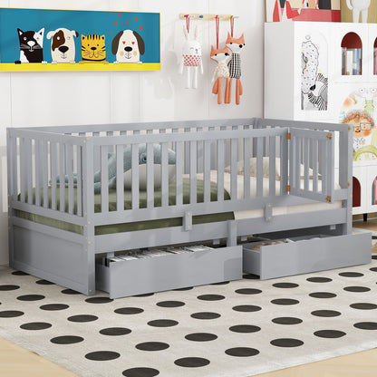 Daybed With Fence Guardrails And 2 Drawers, Split Into Independent Floor Bed & Daybed - The Sleep Loft - Online Mattress Showroom NYC
