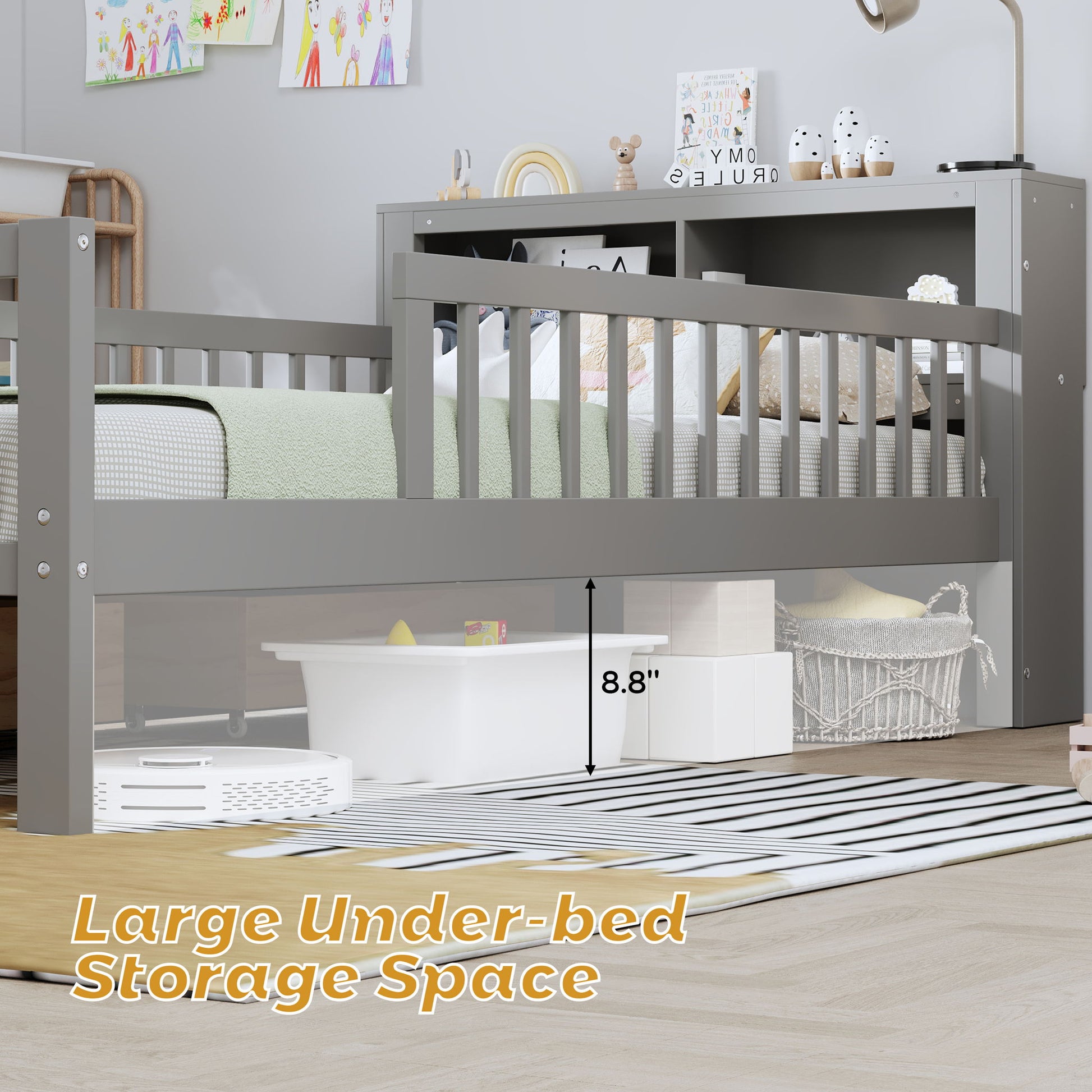 Bed With Headboard Storage Rack, 2 Under Bed Drawers, 3 Side Guardrails For Safety - The Sleep Loft - Online Mattress Showroom NYC