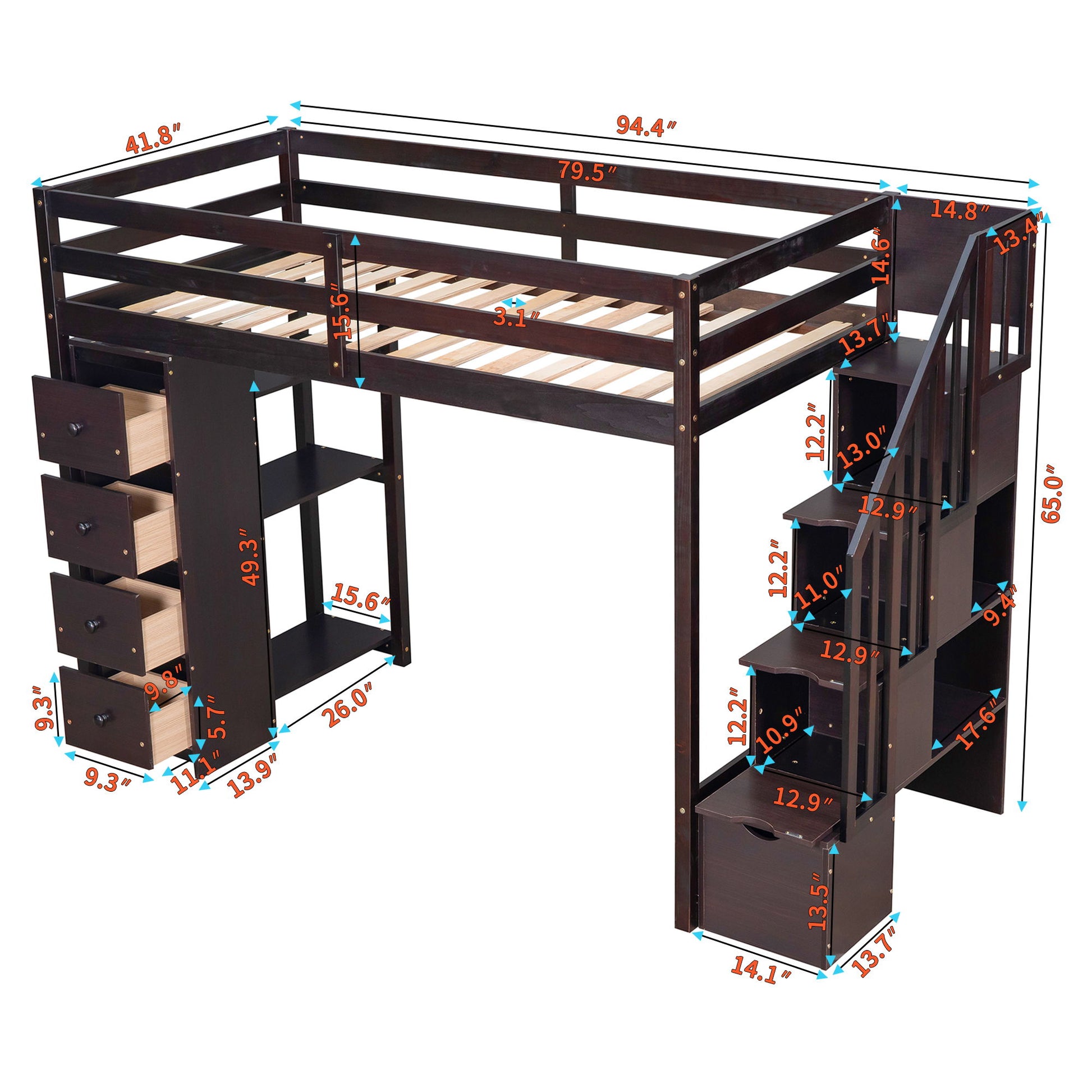 Loft Bed With Storage Drawers And Stairs With Shelves - The Sleep Loft - Online Mattress Showroom NYC