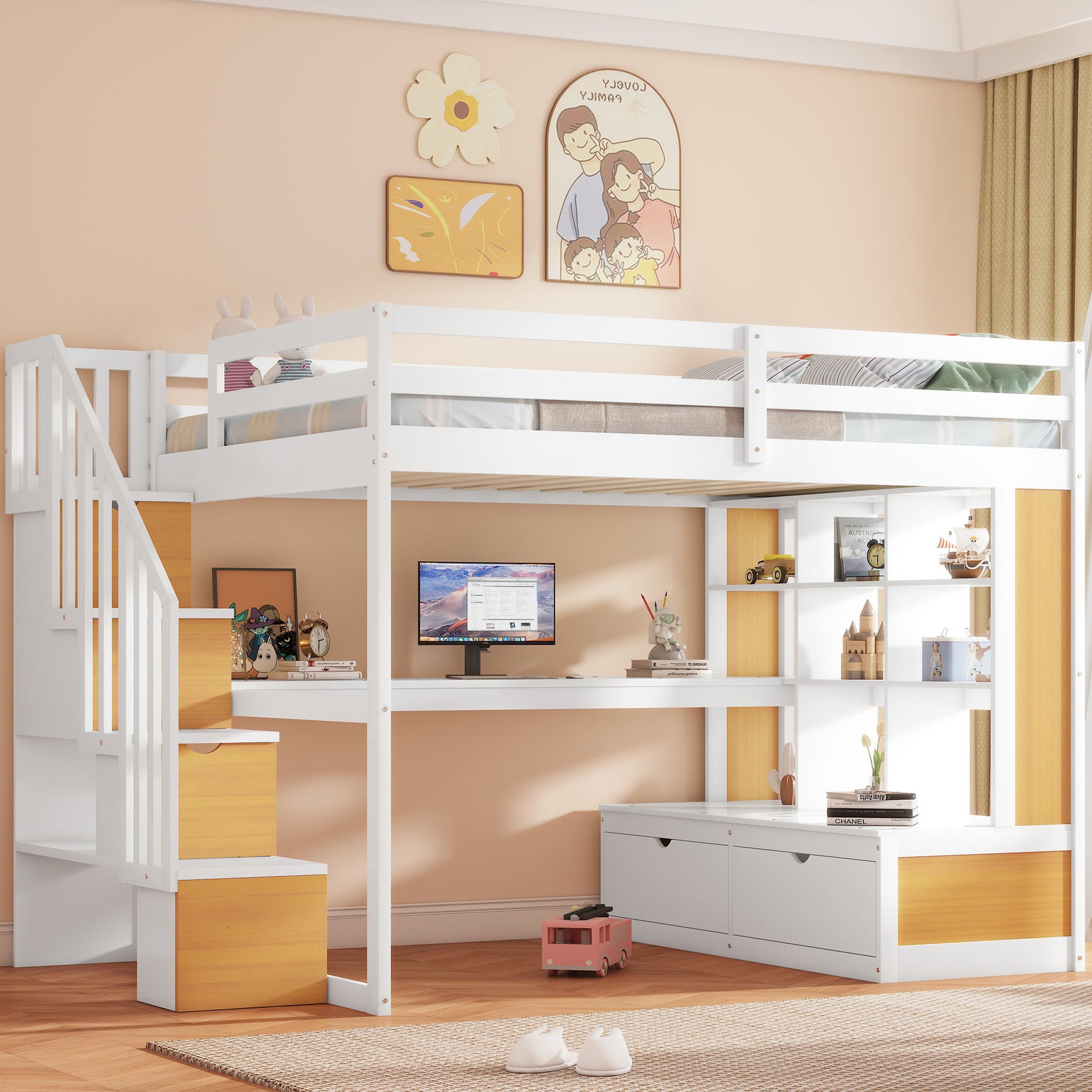 Full Size Loft Bed With Desk And Shelves, 2 Built In Drawers, Storage Staircase - Natural / White - The Sleep Loft - Online Mattress Showroom NYC
