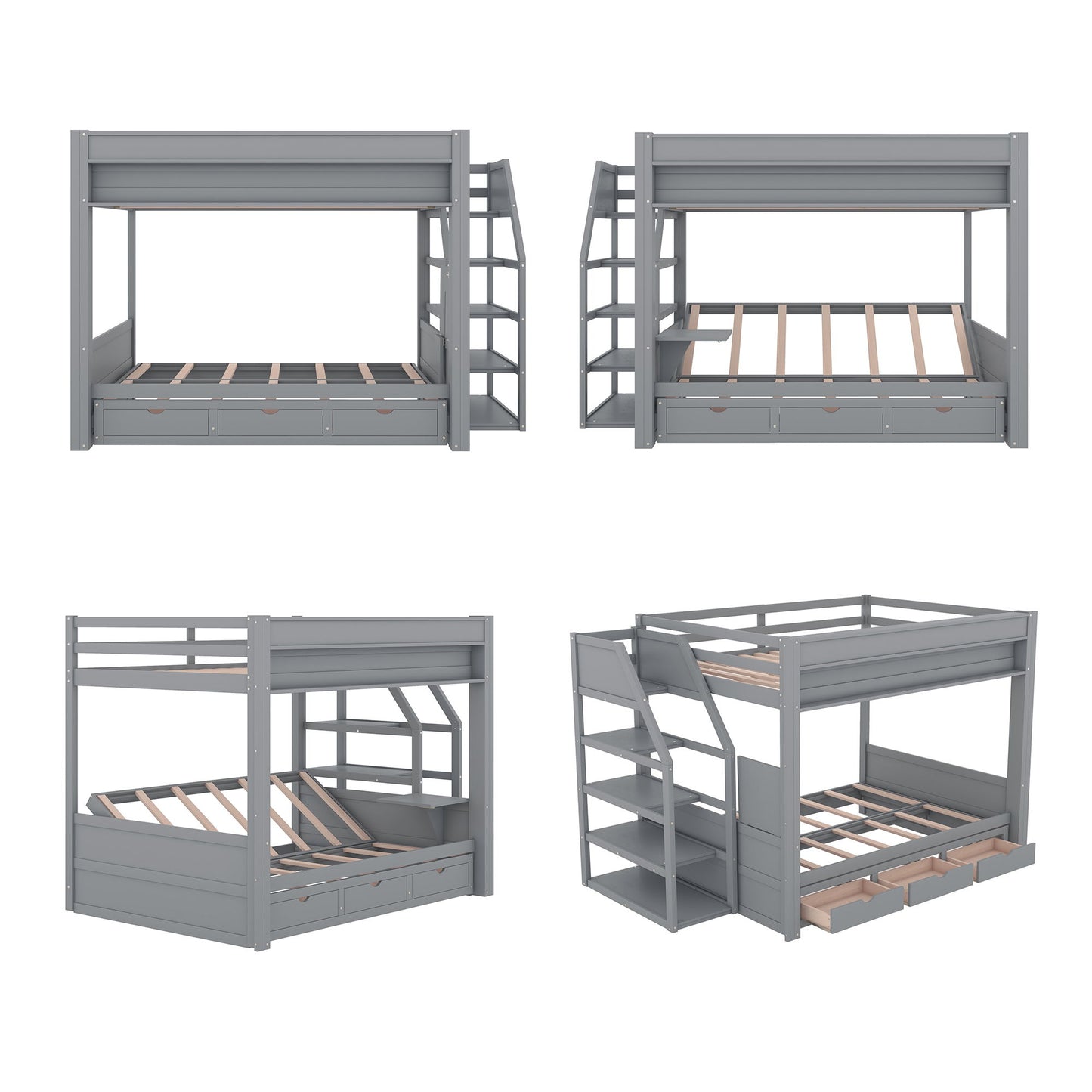Wood Full Size Convertible Bunk Bed With Storage Staircase, Bedside Table, And 3 Drawers - Gray - The Sleep Loft - Online Mattress Showroom NYC