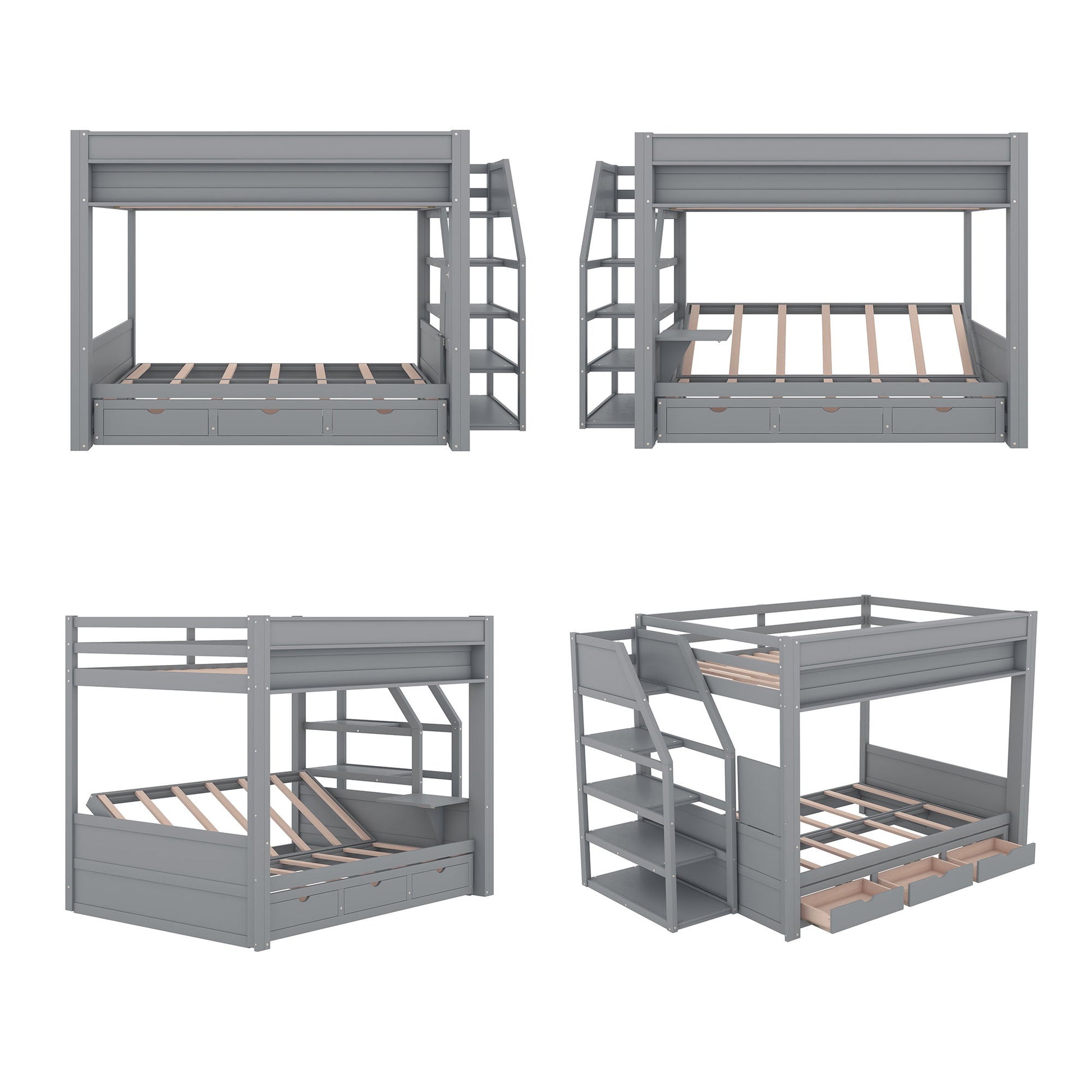 Wood Full Size Convertible Bunk Bed With Storage Staircase, Bedside Table, And 3 Drawers - Gray - The Sleep Loft - Online Mattress Showroom NYC