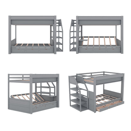 Wood Full Size Convertible Bunk Bed With Storage Staircase, Bedside Table, And 3 Drawers - Gray - The Sleep Loft - Online Mattress Showroom NYC