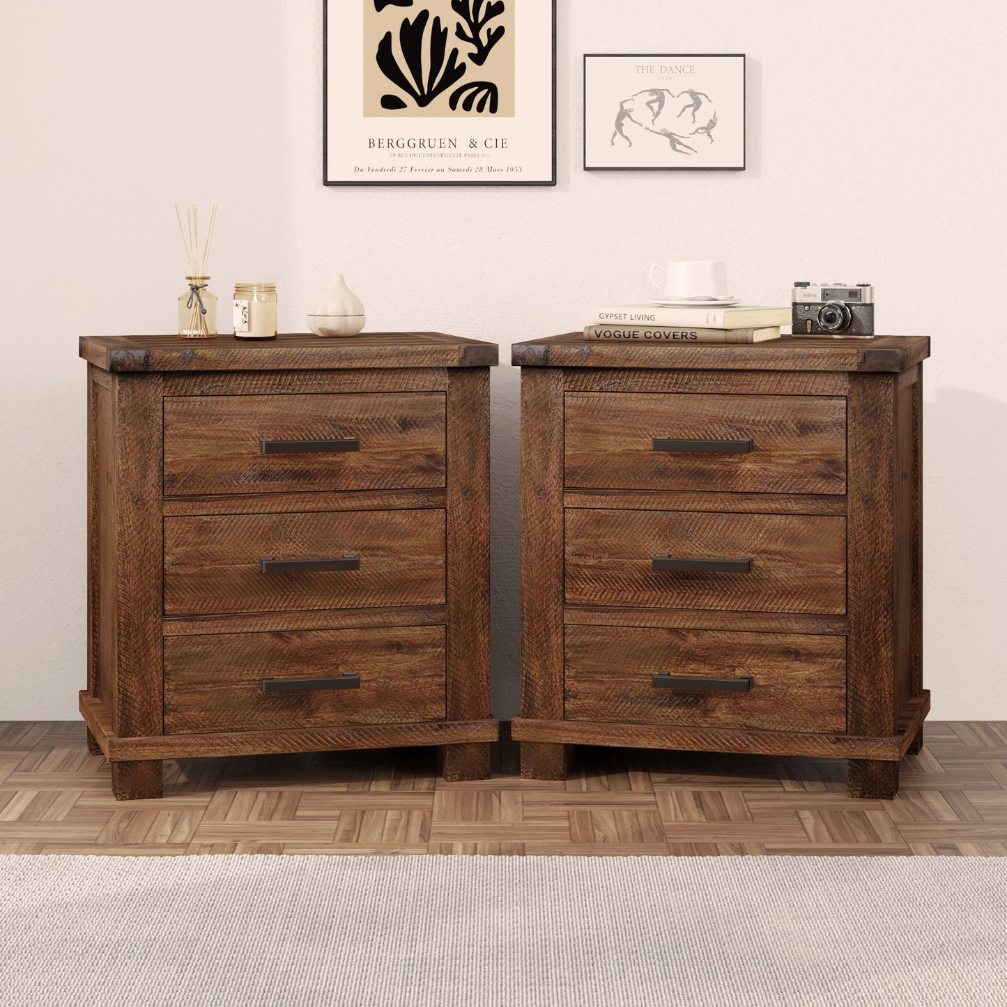 Rustic Farmhouse Nightstand (Set of 2) With 3 Drawers - Natural - The Sleep Loft - Online Mattress Showroom NYC