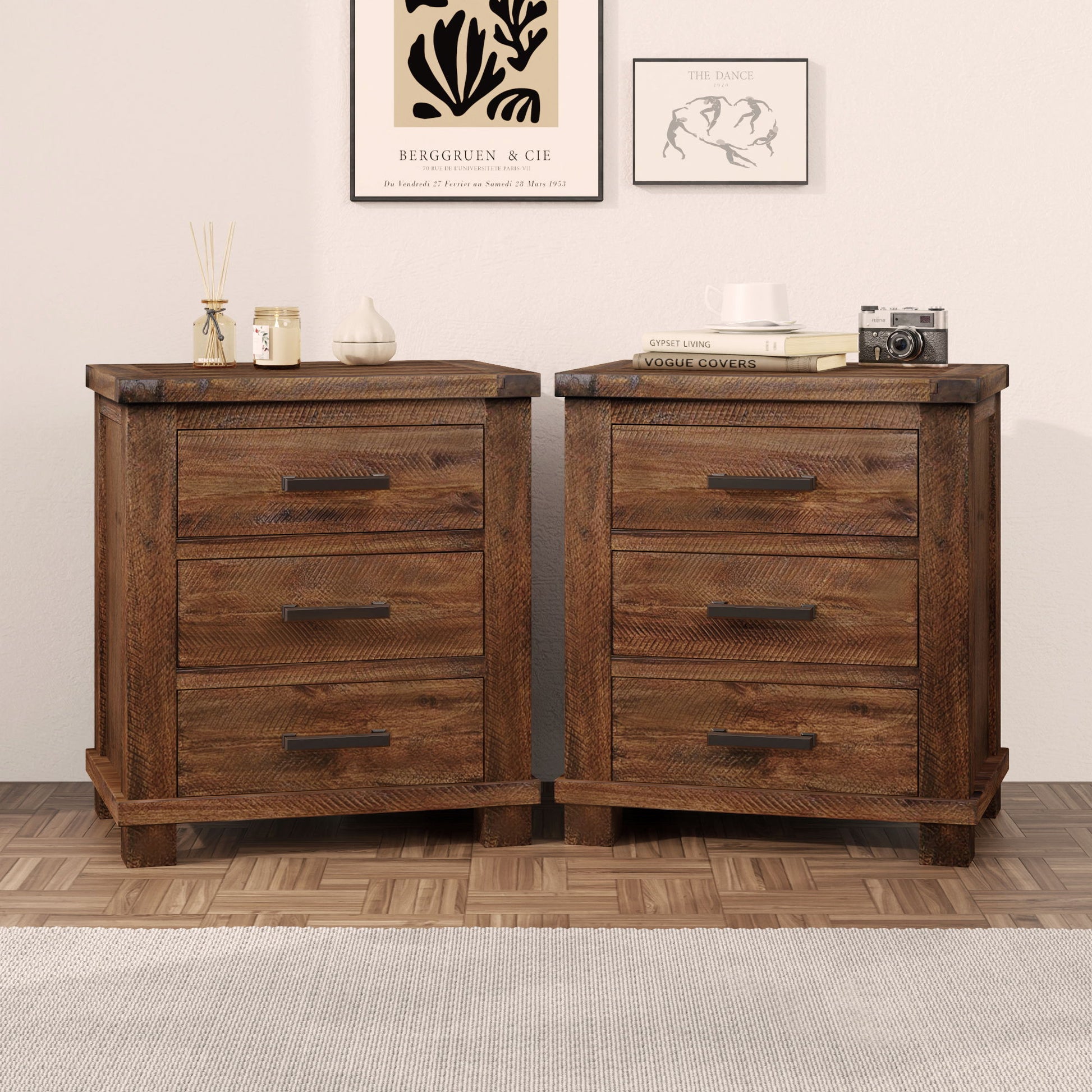 Rustic Farmhouse Nightstand (Set of 2) With 3 Drawers - Natural - The Sleep Loft - Online Mattress Showroom NYC