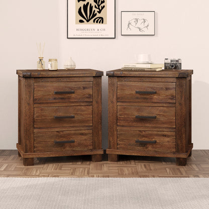Rustic Farmhouse Nightstand (Set of 2) With 3 Drawers - Natural - The Sleep Loft - Online Mattress Showroom NYC