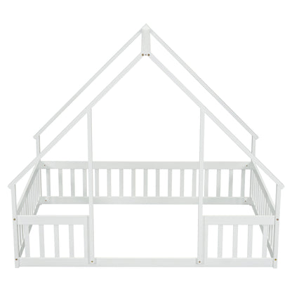 Wood House-Shaped Floor Bed With Fence, Guardrails - The Sleep Loft - Online Mattress Showroom NYC