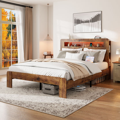 Wood Platform Bed Frame With Storage LED Light Headboard & USB - The Sleep Loft - Online Mattress Showroom NYC