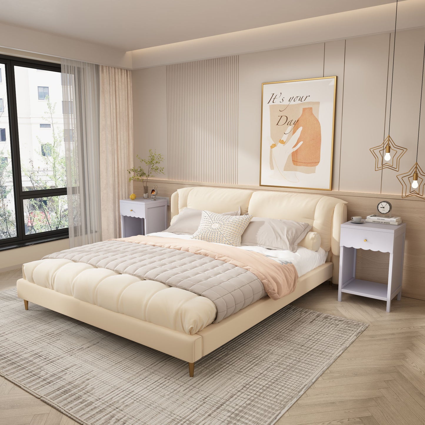 Nightstand With Drawer And Open Shelf, Scalloped Edge Bedside Table - The Sleep Loft - Online Mattress Showroom NYC