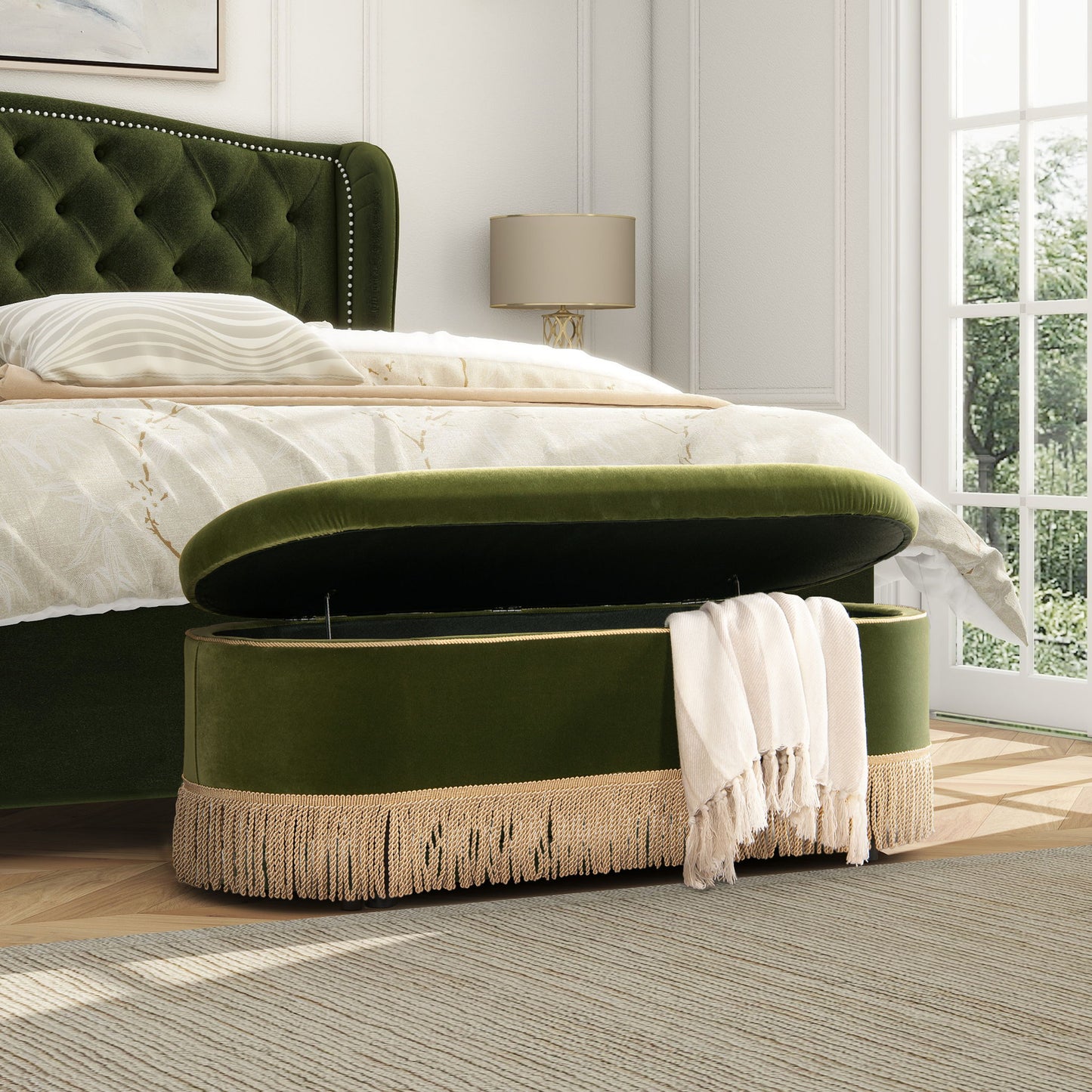 Melinda - Oval Tufted Bullion Fringe Storage Bench - The Sleep Loft - Online Mattress Showroom NYC