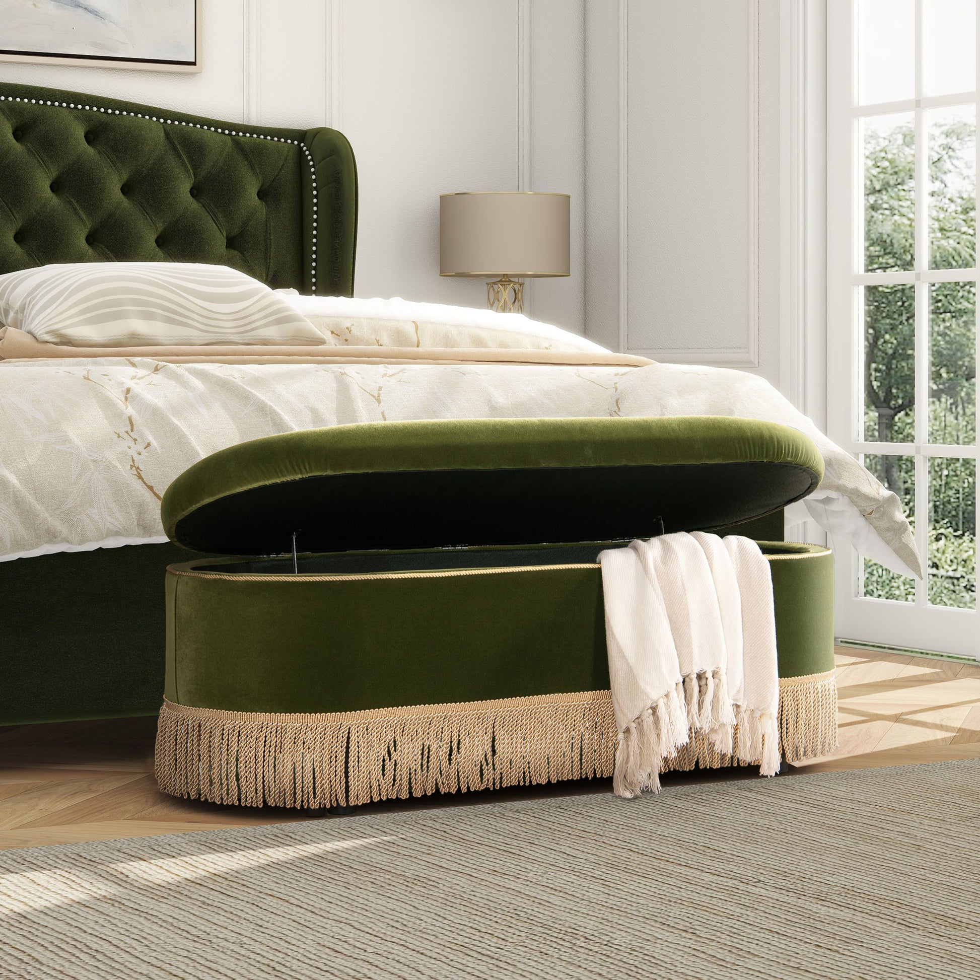 Melinda - Oval Tufted Bullion Fringe Storage Bench - The Sleep Loft - Online Mattress Showroom NYC