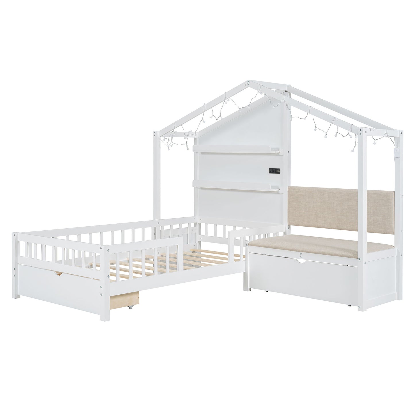 House Bed With Upholstered Sofa, Wireless Charging Station, Shelves And 2 Drawers - The Sleep Loft - Online Mattress Showroom NYC