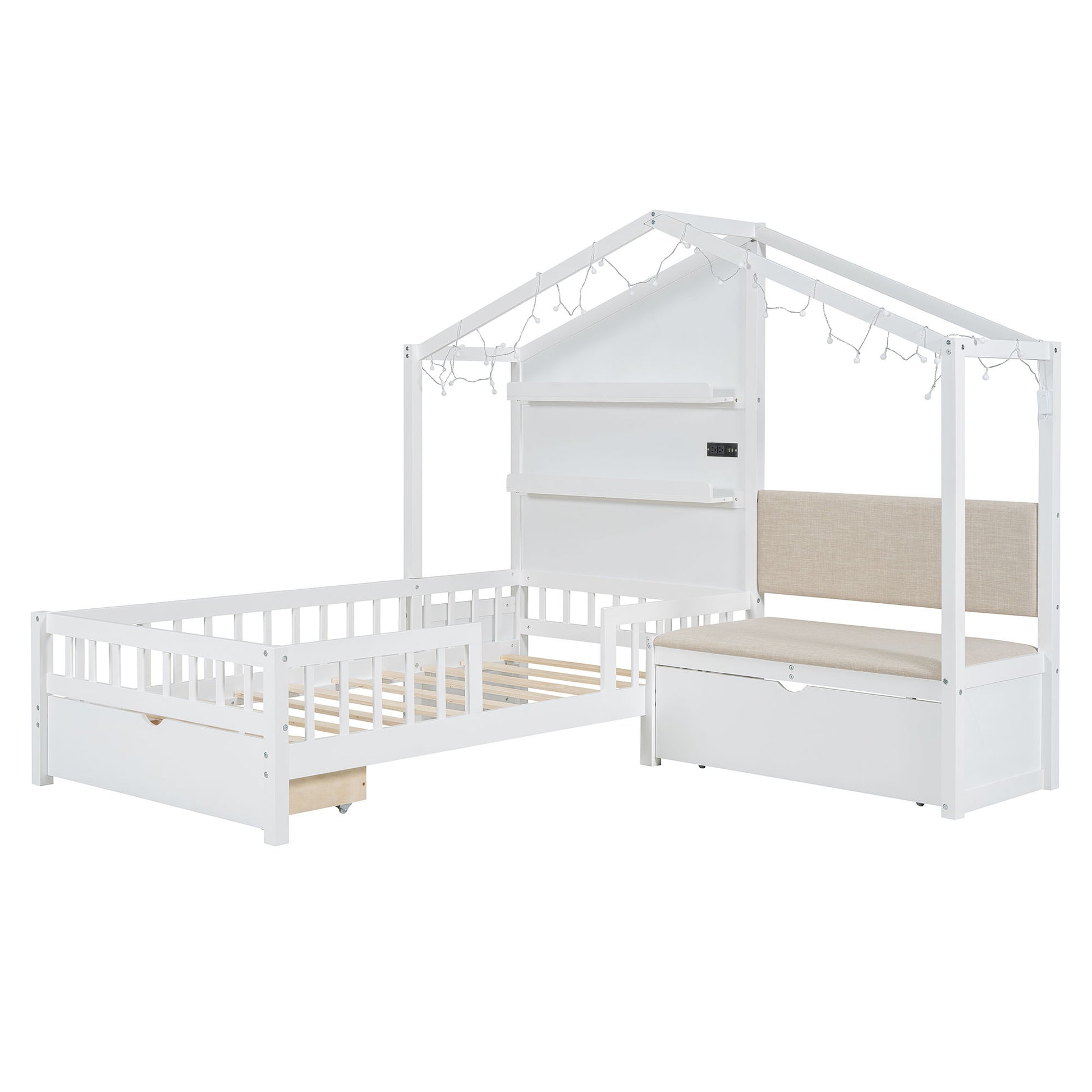 House Bed With Upholstered Sofa, Wireless Charging Station, Shelves And 2 Drawers - The Sleep Loft - Online Mattress Showroom NYC