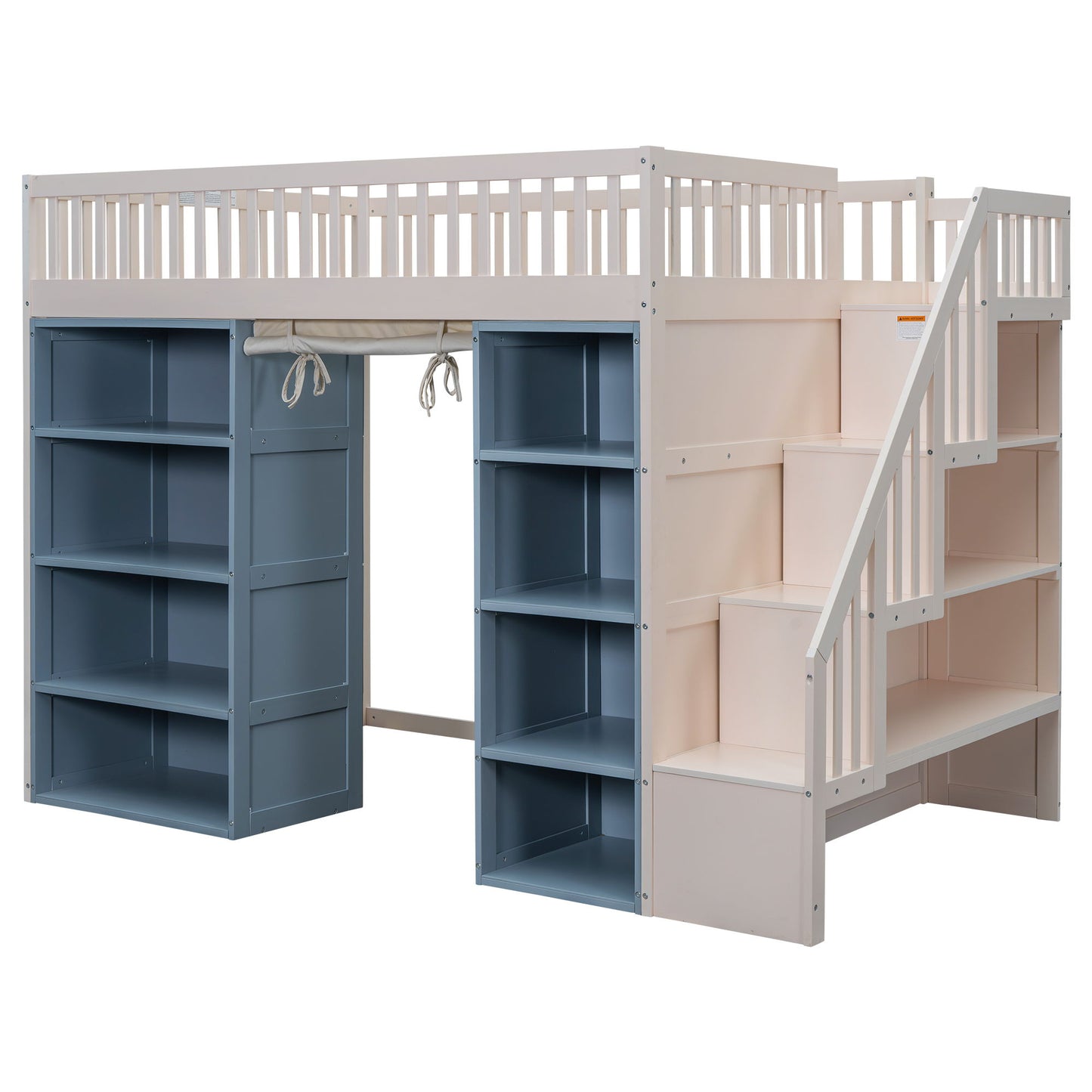Full Size Loft Bed With 2 Four Layer Storage Cabinets And Curtain With Built In Staircase And Privacy Curtain - White - The Sleep Loft - Online Mattress Showroom NYC