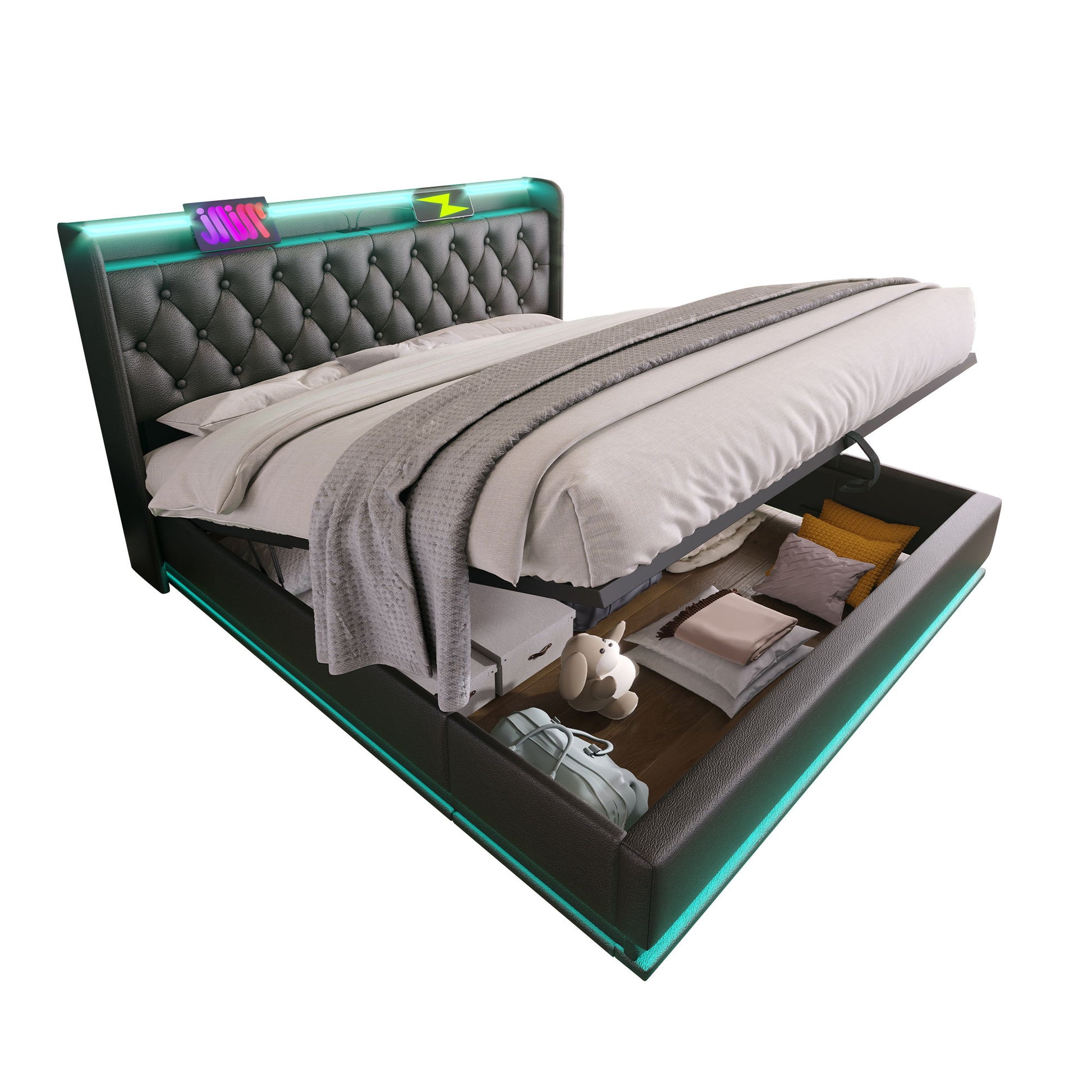 Upholstered Bed, 360 Surround LED Function, Remote Control, Hydraulic Storage Bed With USB, Type-C Charging (Without Mattress) - The Sleep Loft - Online Mattress Showroom NYC