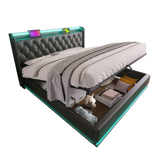 Upholstered Bed, 360 Surround LED Function, Remote Control, Hydraulic Storage Bed With USB, Type-C Charging (Without Mattress) - The Sleep Loft - Online Mattress Showroom NYC