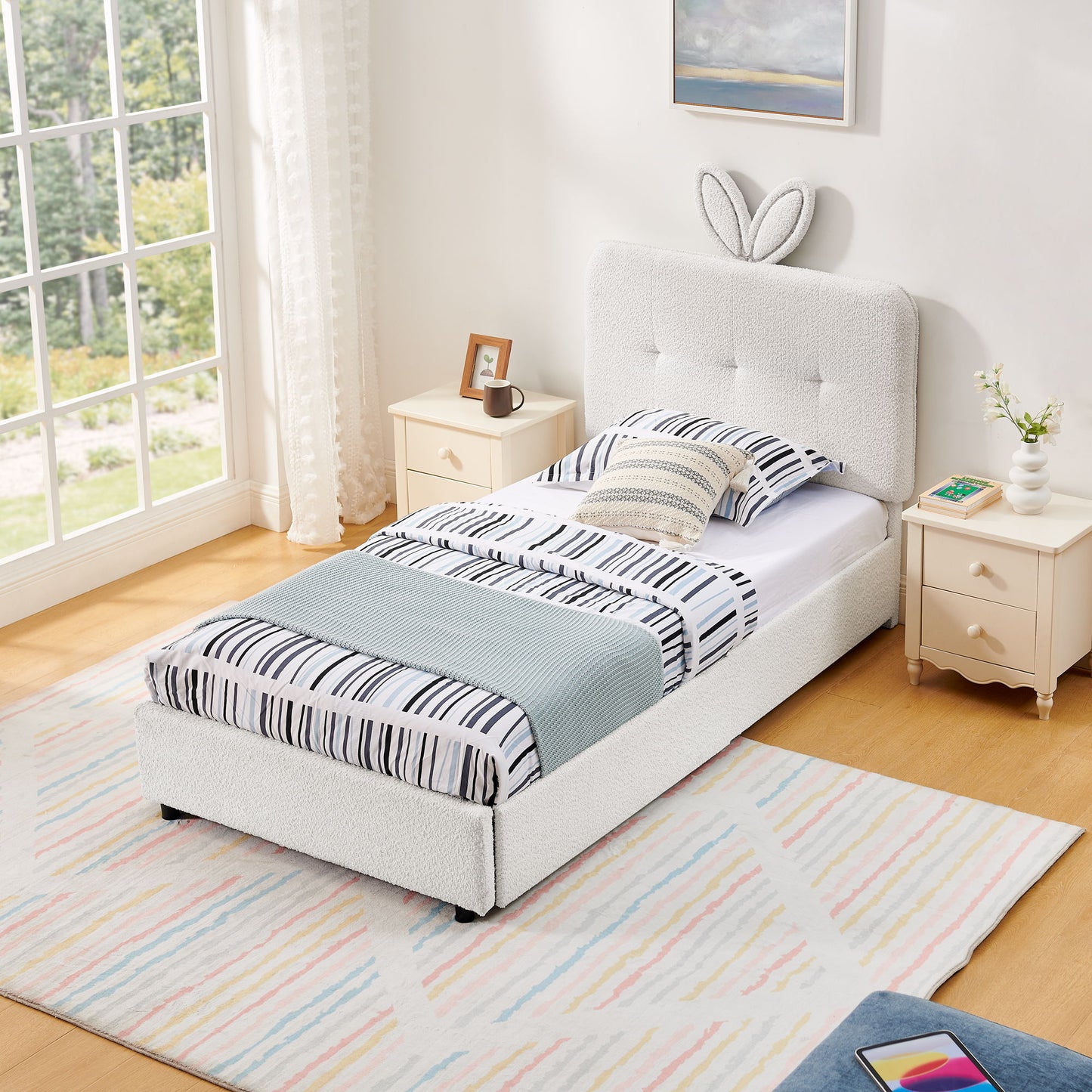 Upholstered Bed With Oversized Rabbit Ear Headboard, LED Lights & 4 Storage Drawers - The Sleep Loft - Online Mattress Showroom NYC